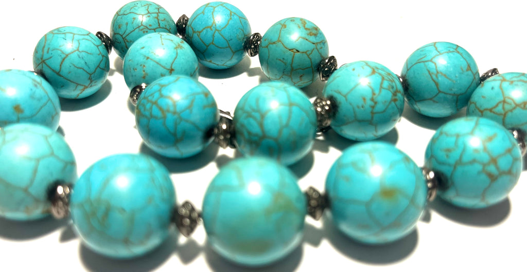 Chunky Turquoise Look Statement Necklace Large Round Beads Gunmetal Spacer Accent Adjustable”