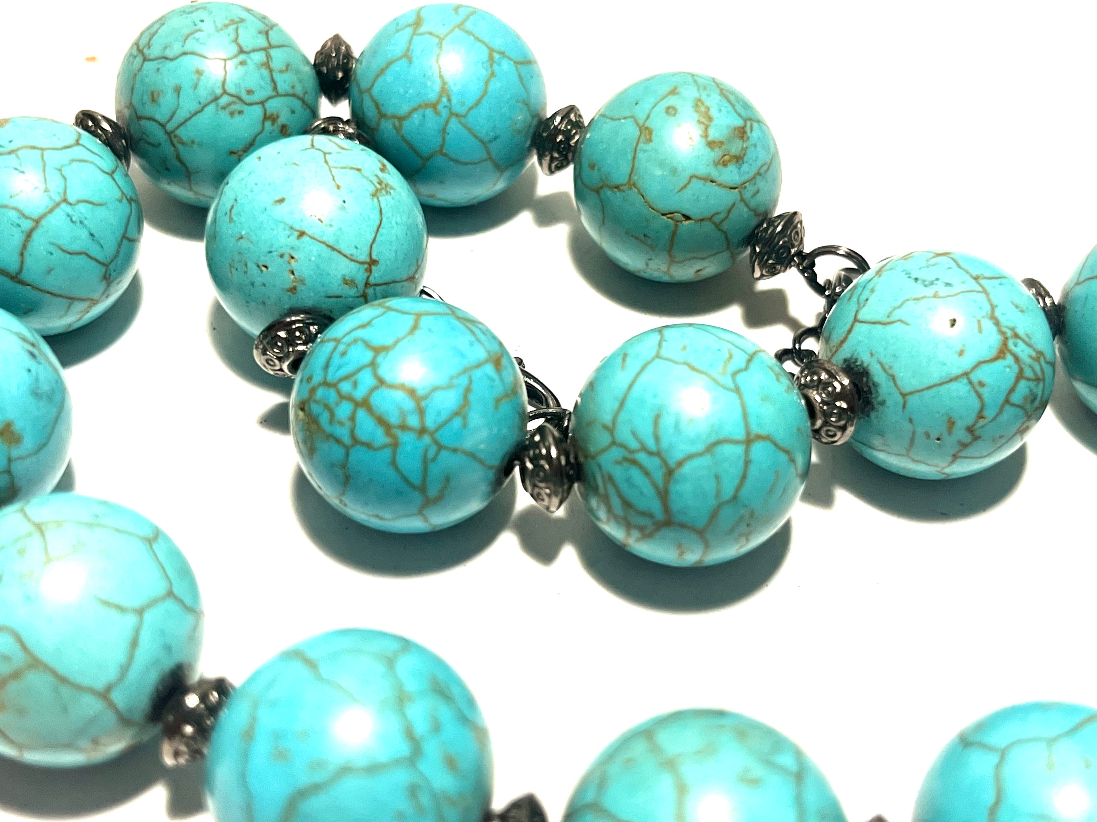 Chunky Turquoise Look Statement Necklace Large Round Beads Gunmetal Spacer Accent Adjustable”