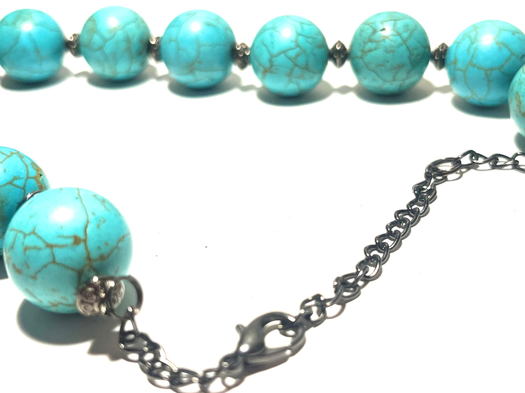 Chunky Turquoise Look Statement Necklace Large Round Beads Gunmetal Spacer Accent Adjustable”