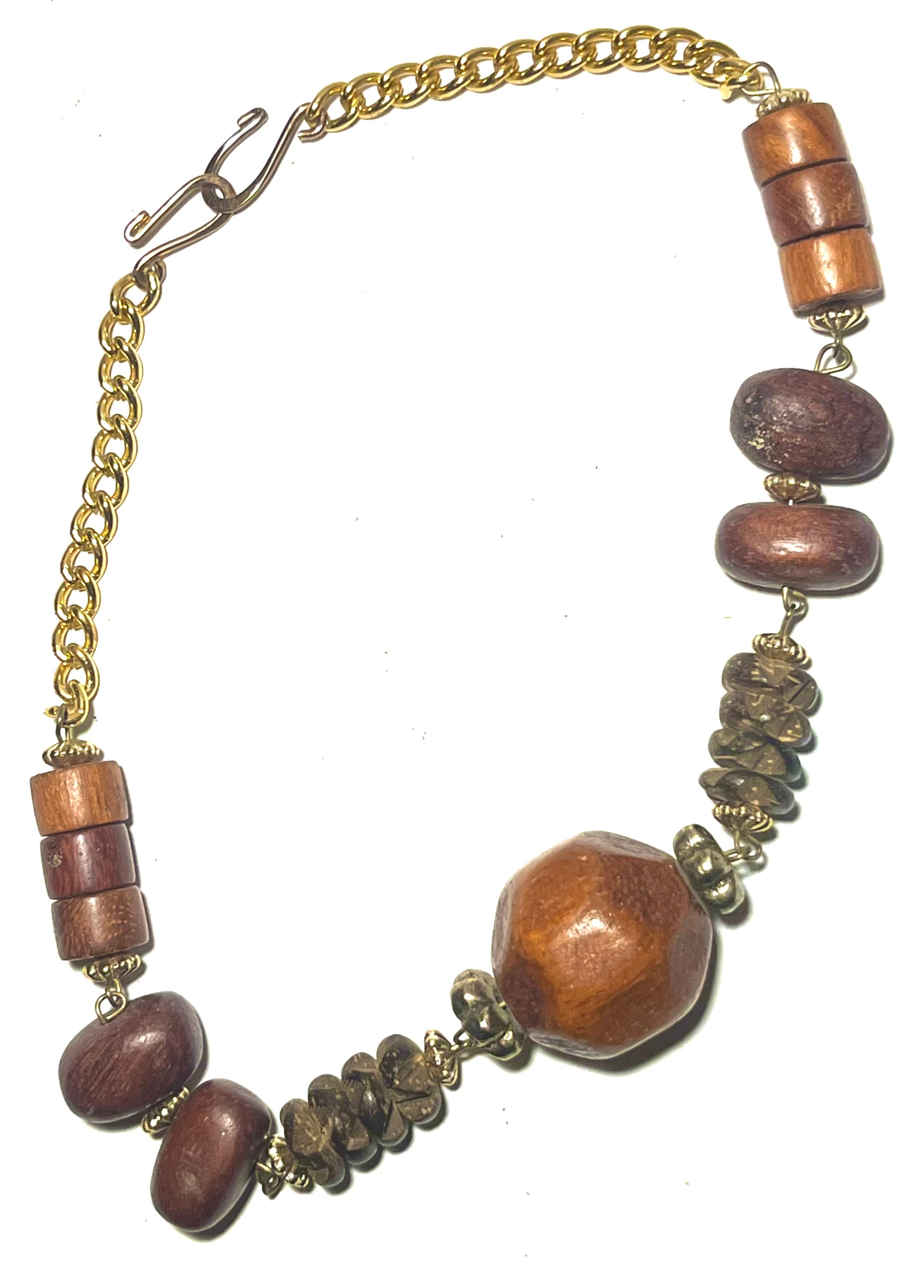 Handmade Boho Wood Bead Bracelet Brown Mixed Beads Gold Tone Adjustable Statement Bracelet”