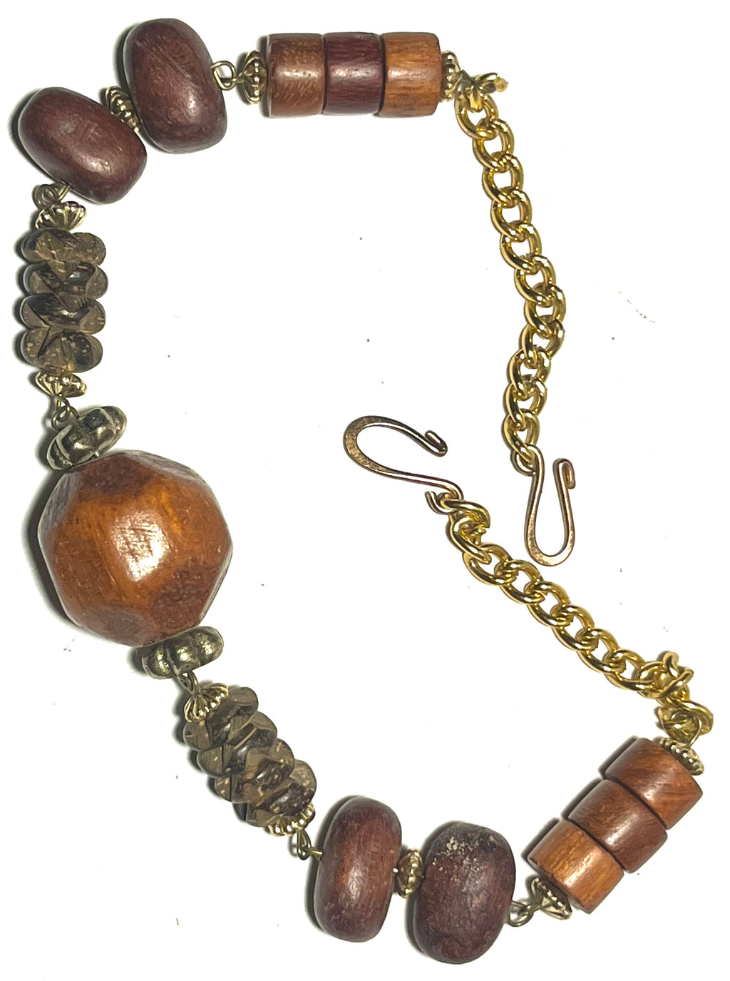 Handmade Boho Wood Bead Bracelet Brown Mixed Beads Gold Tone Adjustable Statement Bracelet”
