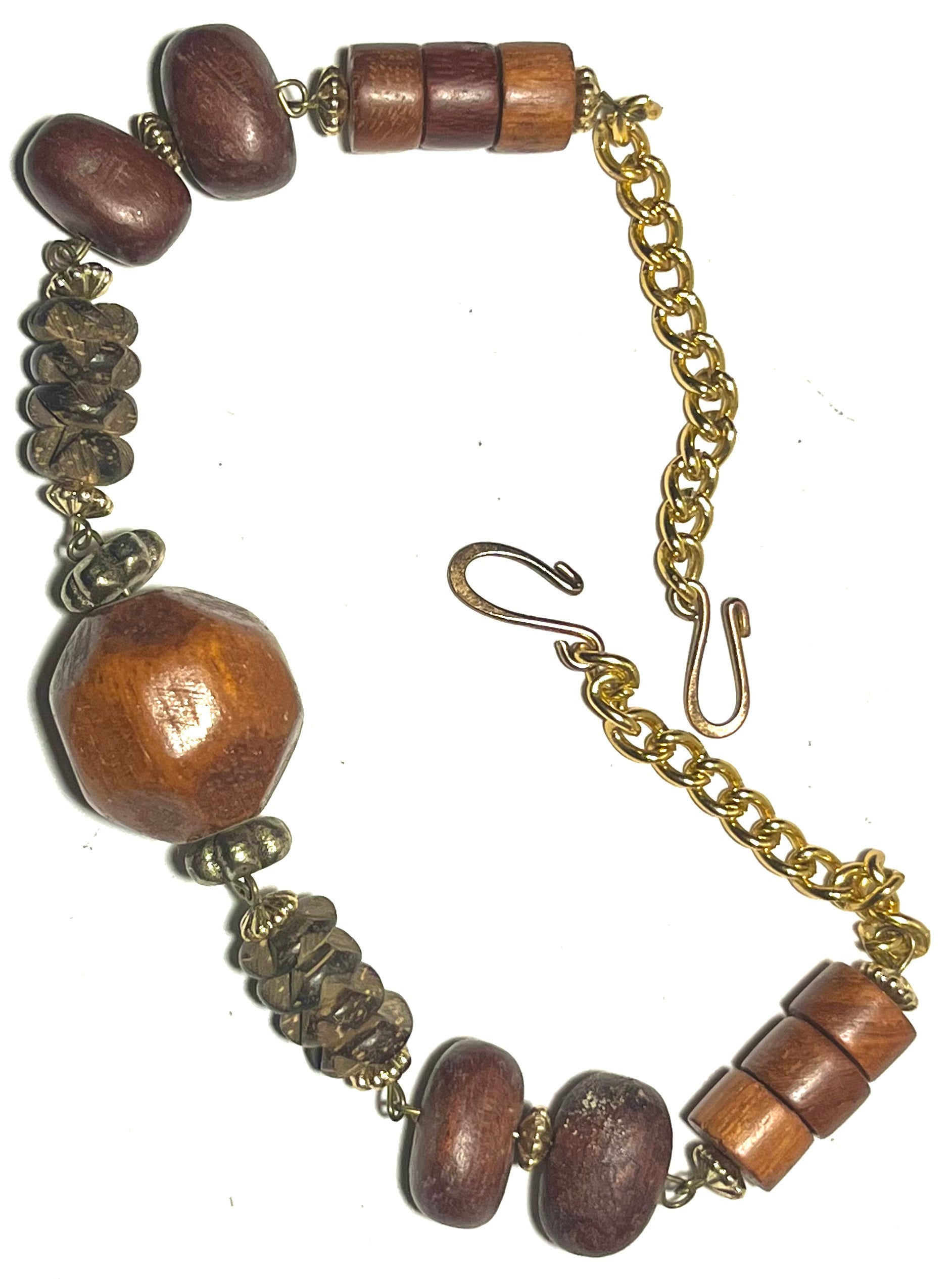 Handmade Boho Wood Bead Bracelet Brown Mixed Beads Gold Tone Adjustable Statement Bracelet”