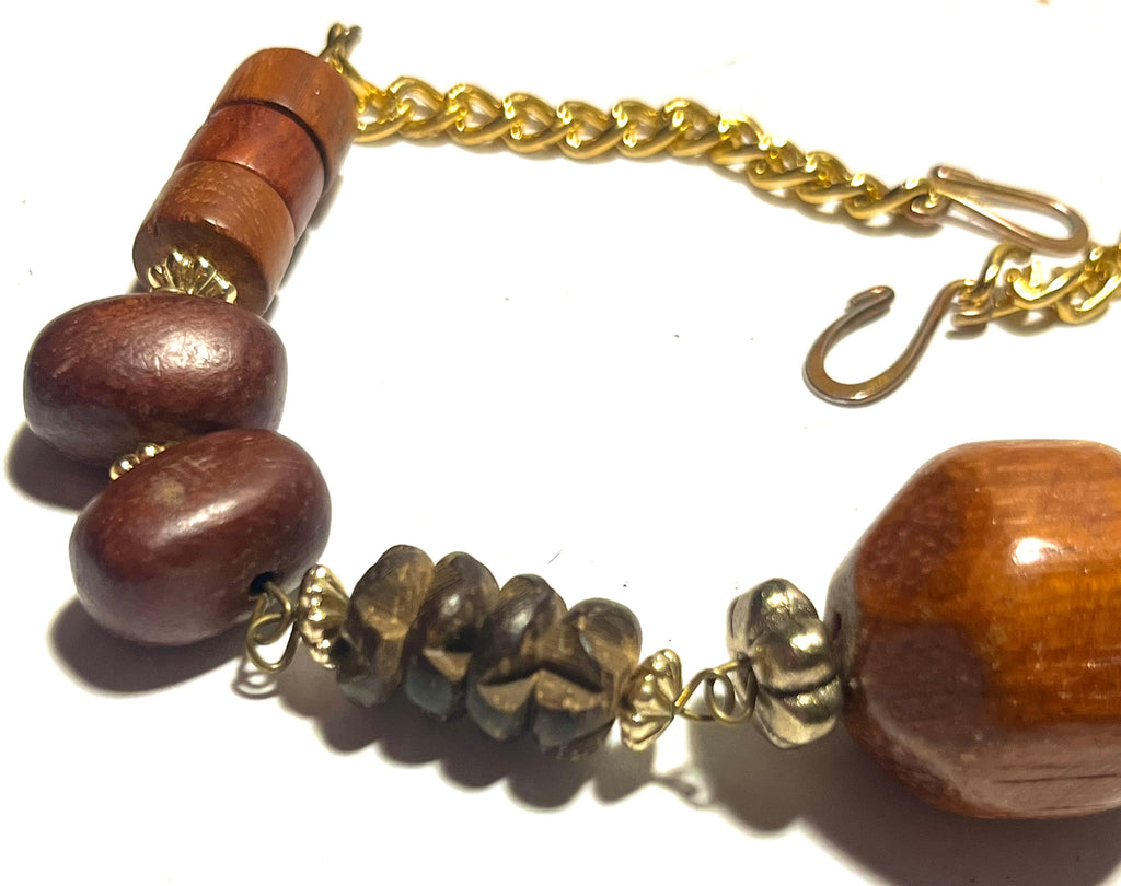 Handmade Boho Wood Bead Bracelet Brown Mixed Beads Gold Tone Adjustable Statement Bracelet”