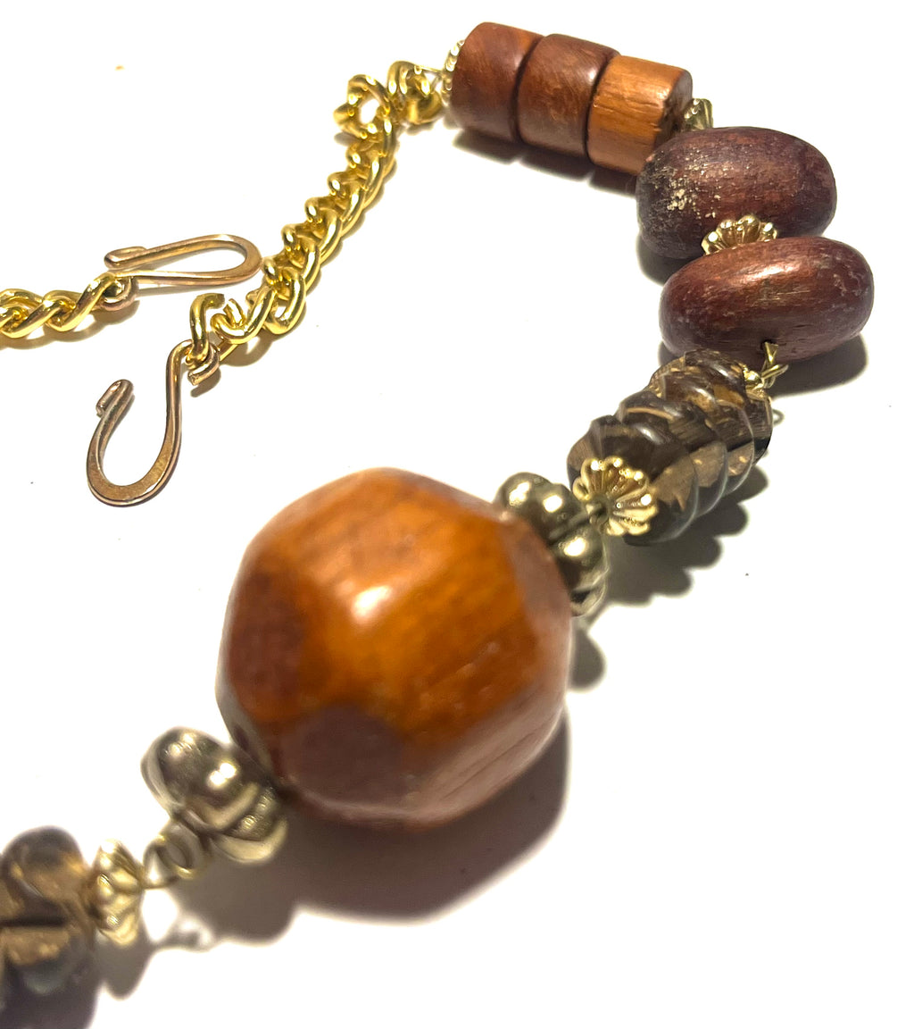 Handmade Boho Wood Bead Bracelet Brown Mixed Beads Gold Tone Adjustable Statement Bracelet”
