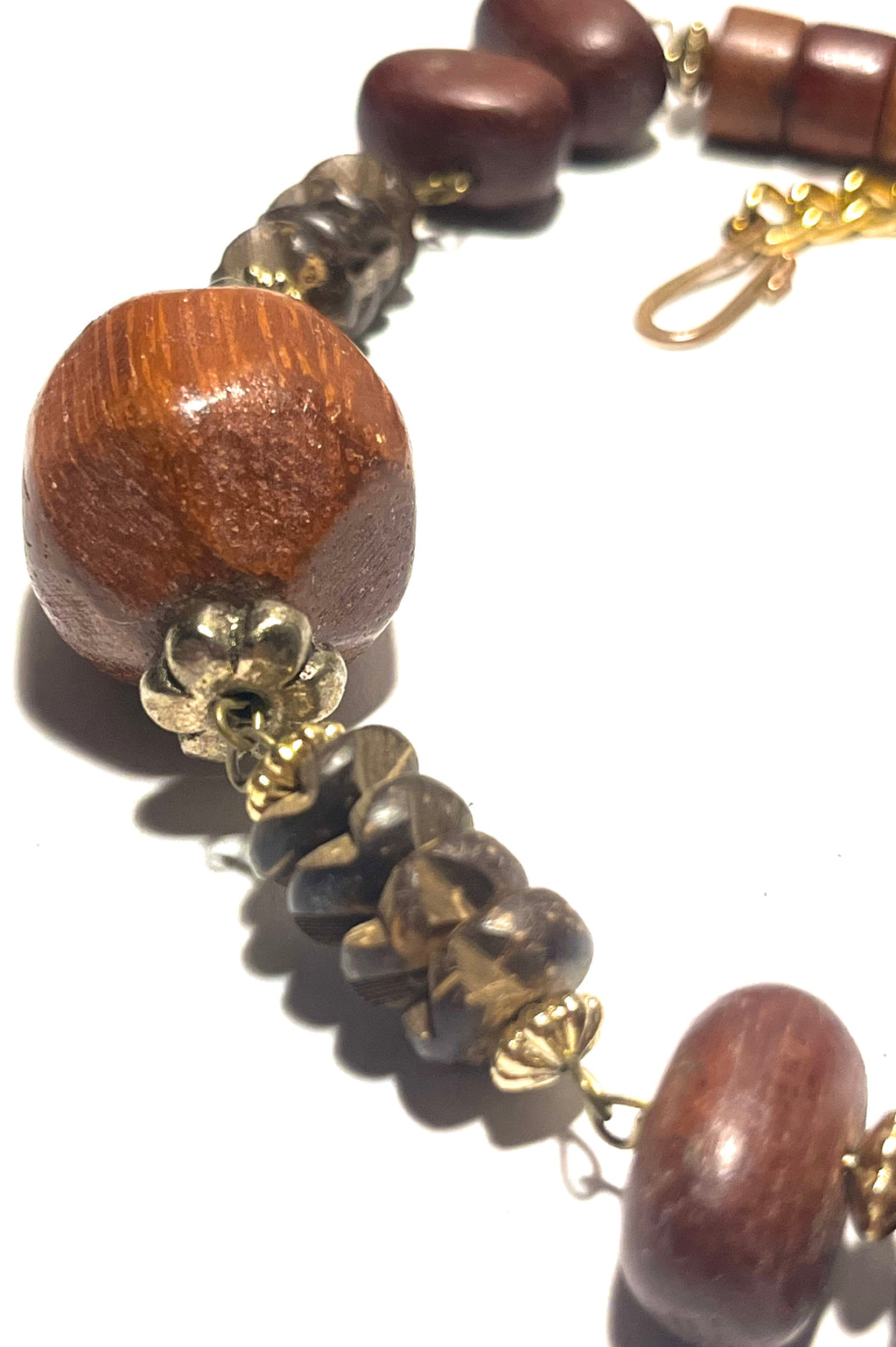 Handmade Boho Wood Bead Bracelet Brown Mixed Beads Gold Tone Adjustable Statement Bracelet”