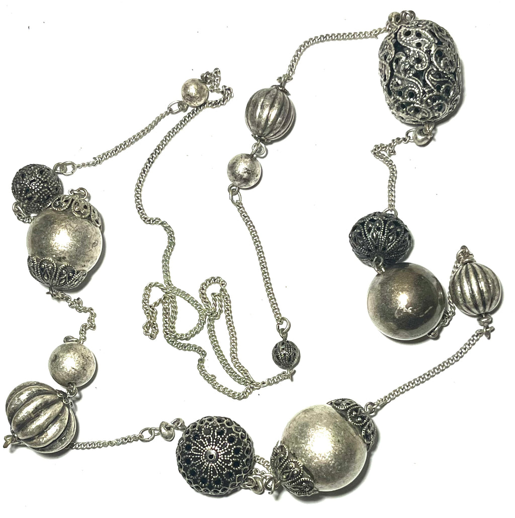Vintage Silver Tone Long Beaded Necklace Ornate Filigree Openwork Statement Necklace Boho Chunky