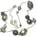 Vintage Silver Tone Long Beaded Necklace Ornate Filigree Openwork Statement Necklace Boho Chunky