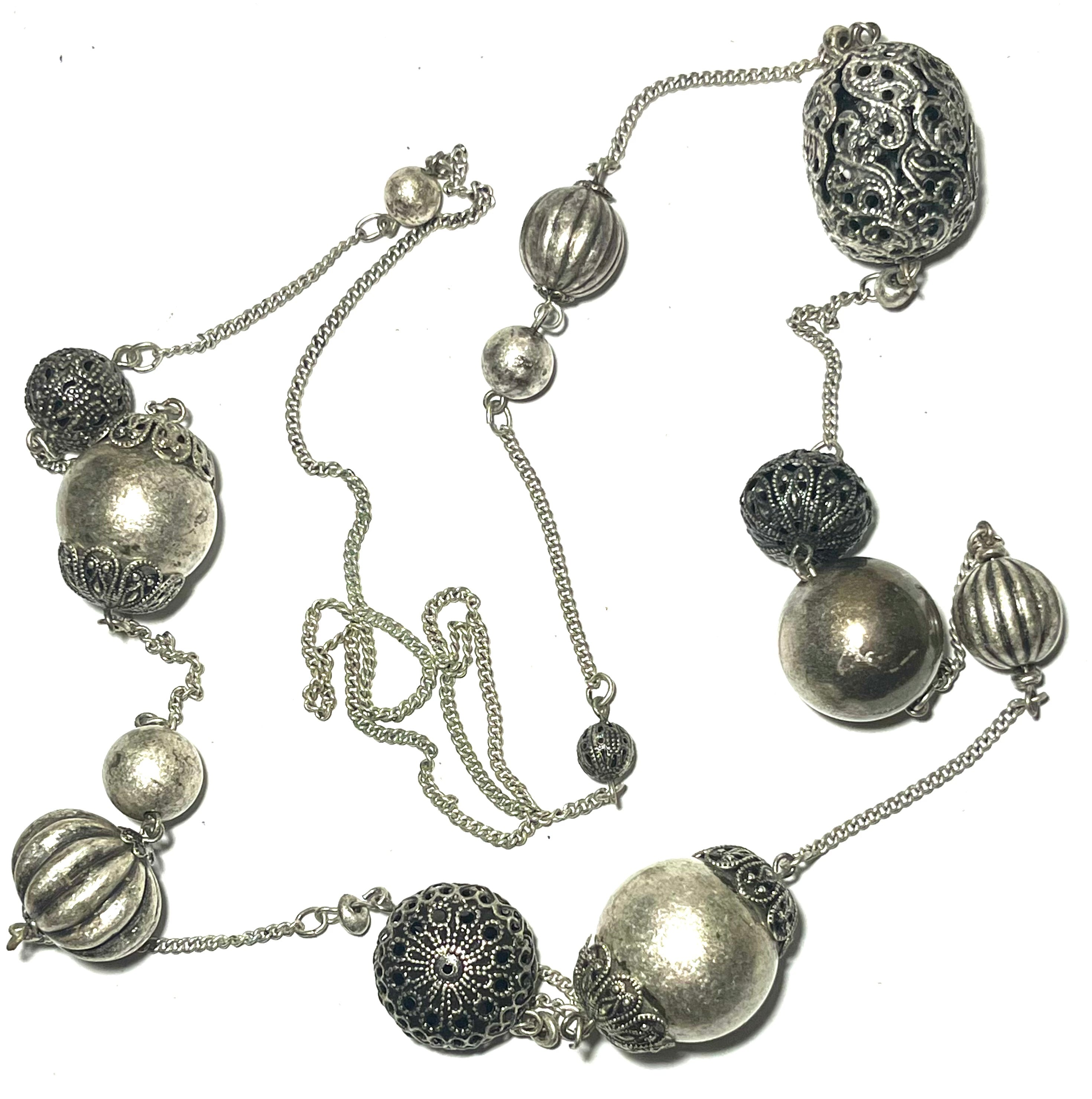 Vintage Silver Tone Long Beaded Necklace Ornate Filigree Openwork Statement Necklace Boho Chunky