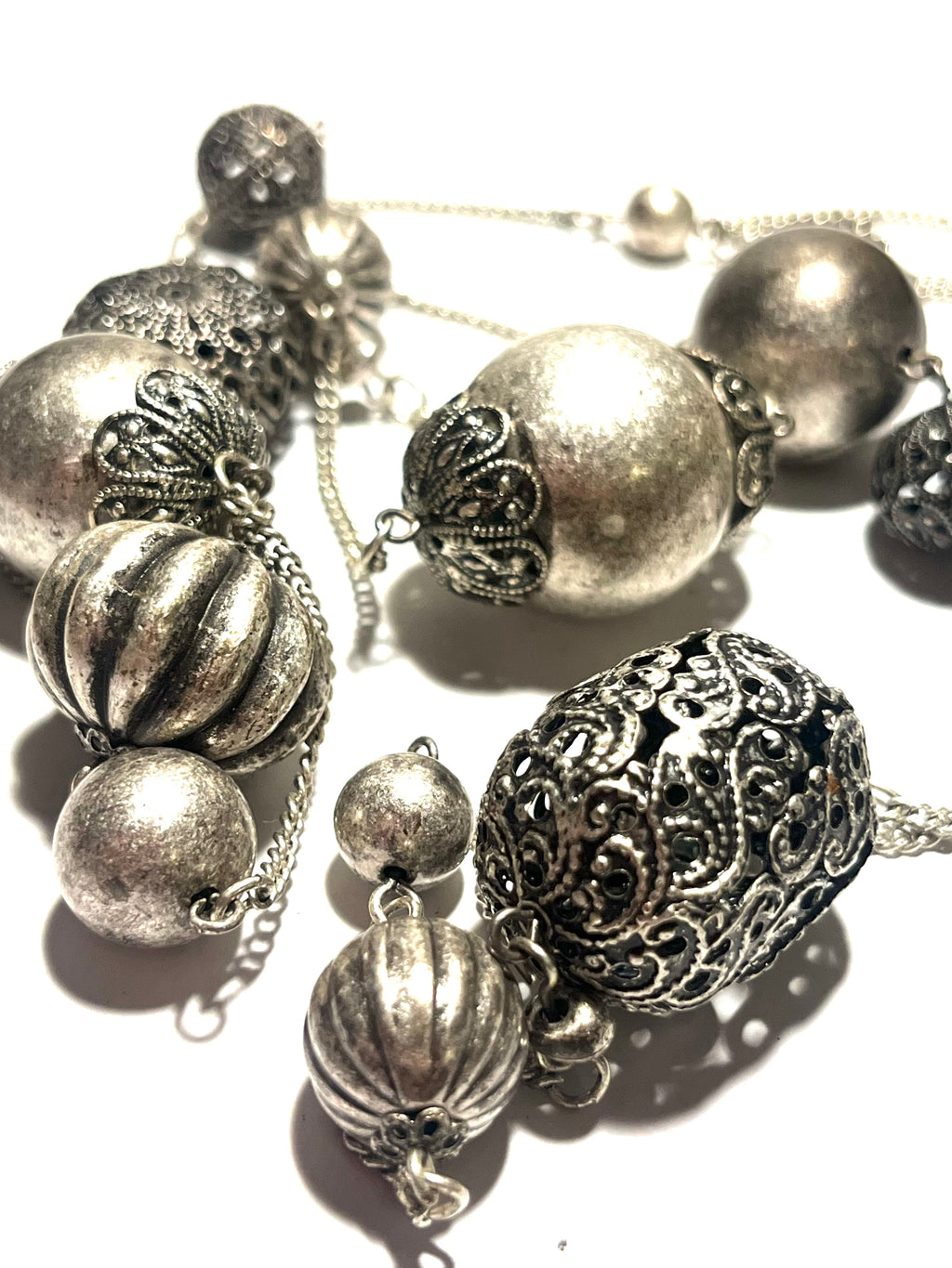 Vintage Silver Tone Long Beaded Necklace Ornate Filigree Openwork Statement Necklace Boho Chunky