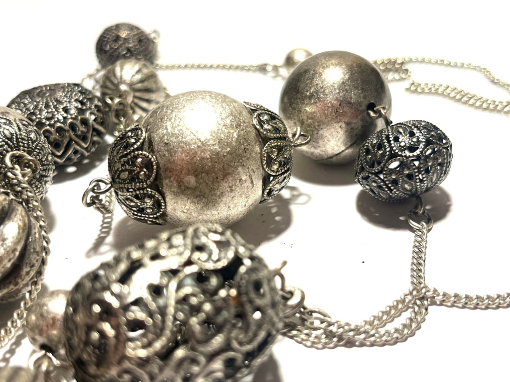 Vintage Silver Tone Long Beaded Necklace Ornate Filigree Openwork Statement Necklace Boho Chunky