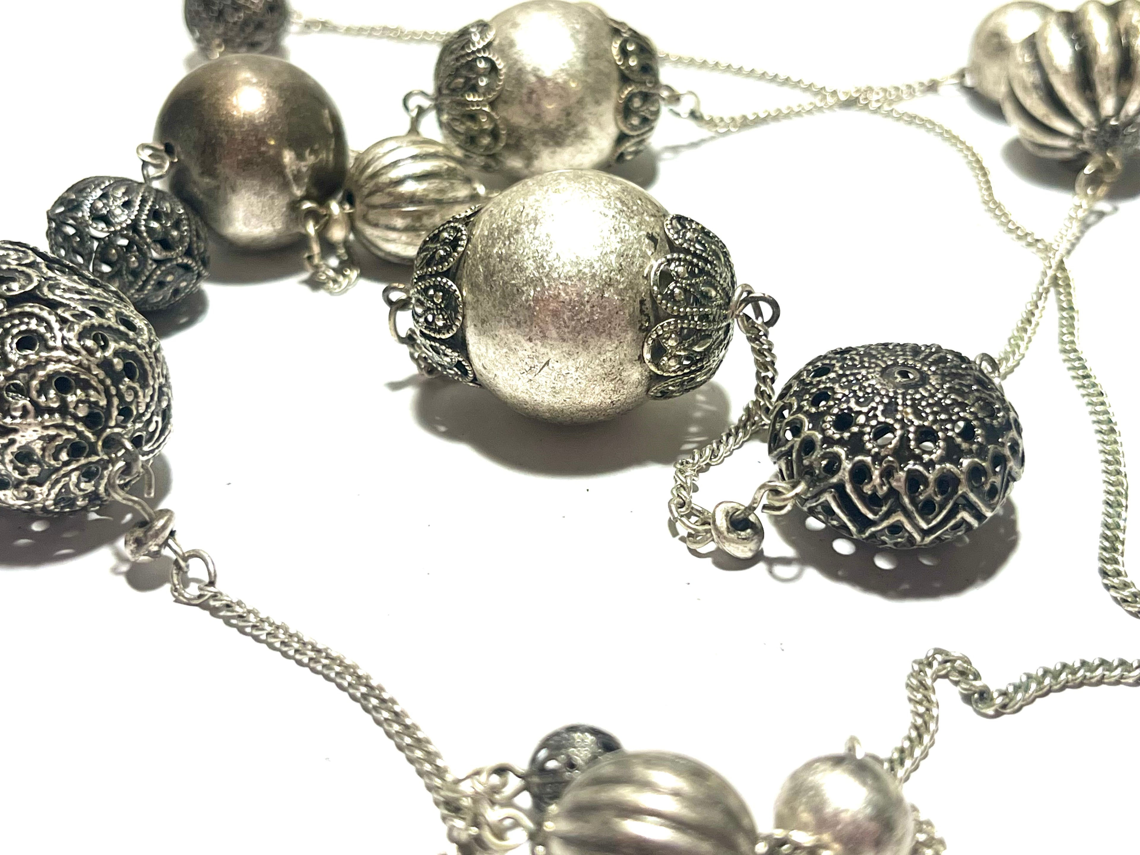 Vintage Silver Tone Long Beaded Necklace Ornate Filigree Openwork Statement Necklace Boho Chunky