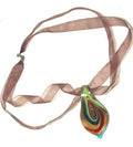 Handmade Art Glass Teardrop Pendant Necklace on Brown Organza Ribbon – Sterling Silver 925 Clasp