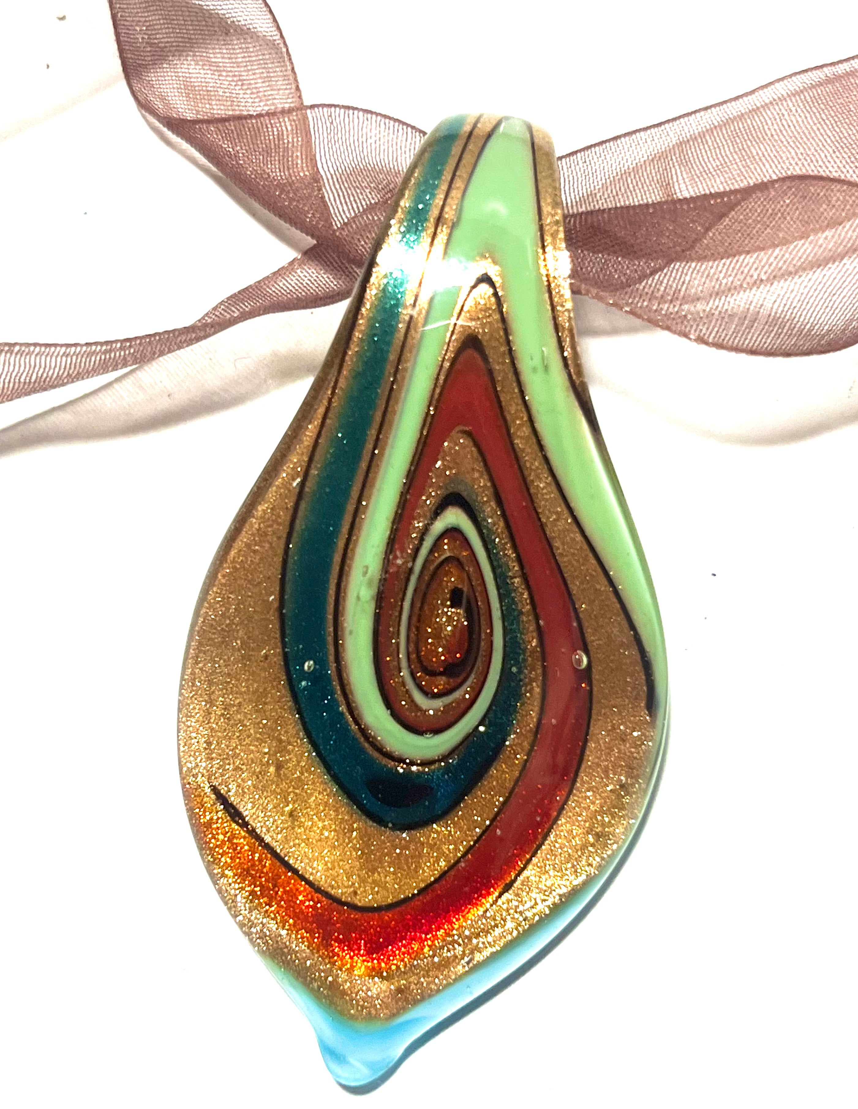 Handmade Art Glass Teardrop Pendant Necklace on Brown Organza Ribbon – Sterling Silver 925 Clasp