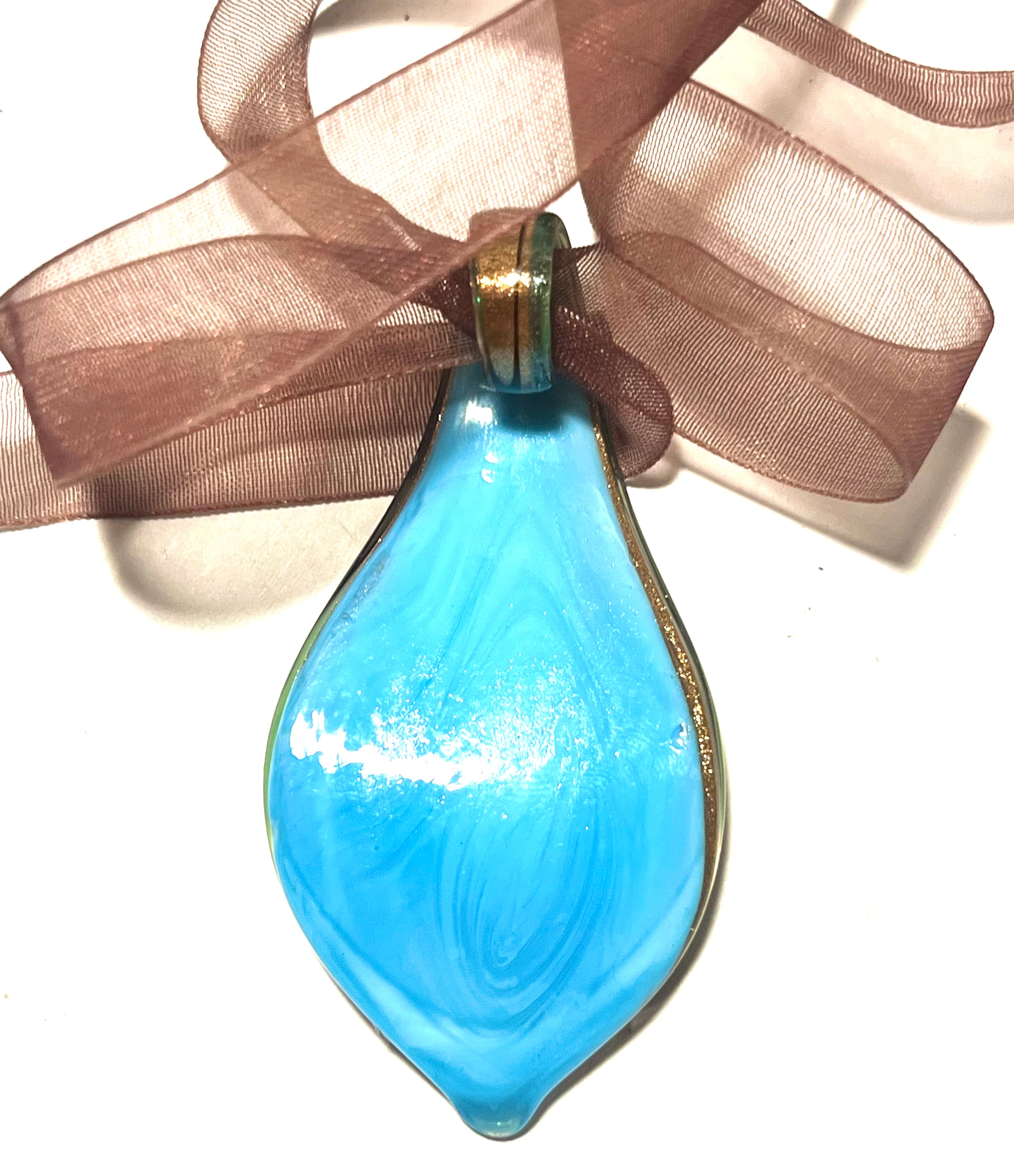 Handmade Art Glass Teardrop Pendant Necklace on Brown Organza Ribbon – Sterling Silver 925 Clasp