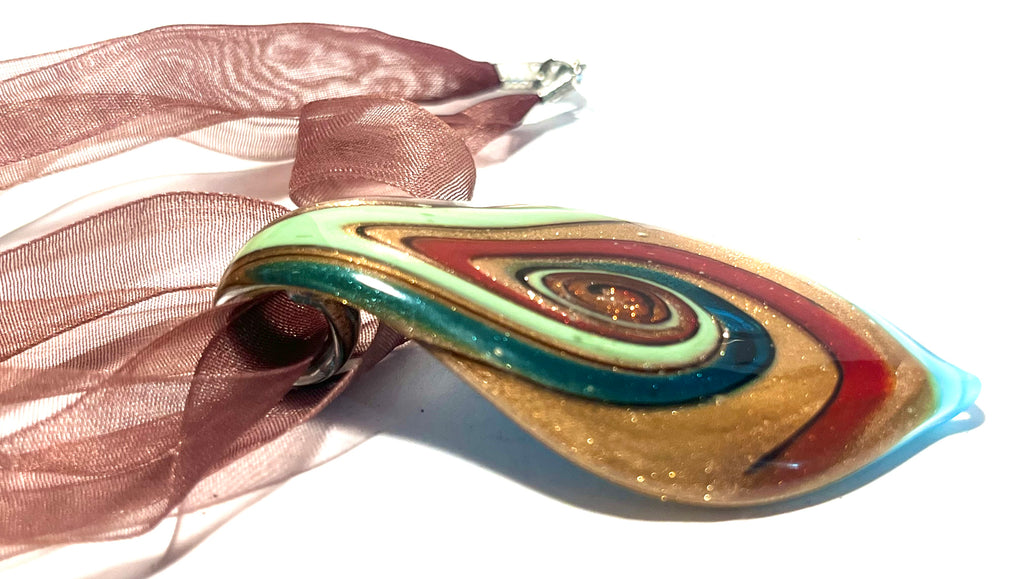Handmade Art Glass Teardrop Pendant Necklace on Brown Organza Ribbon – Sterling Silver 925 Clasp