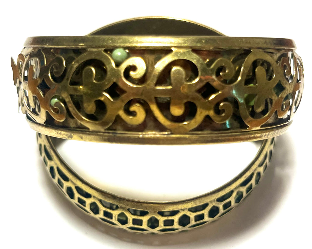 Vintage Brass Tone Openwork Bangle Bracelet Set – Black Enamel Filigree Cutout Wide Bangles (Pair)
