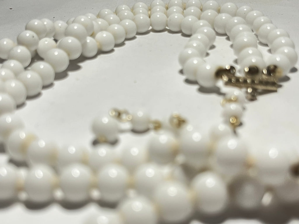 Vintage Japan Triple Strand White Milk Glass Bead Necklace Heavy Mid-Century Statement Necklace