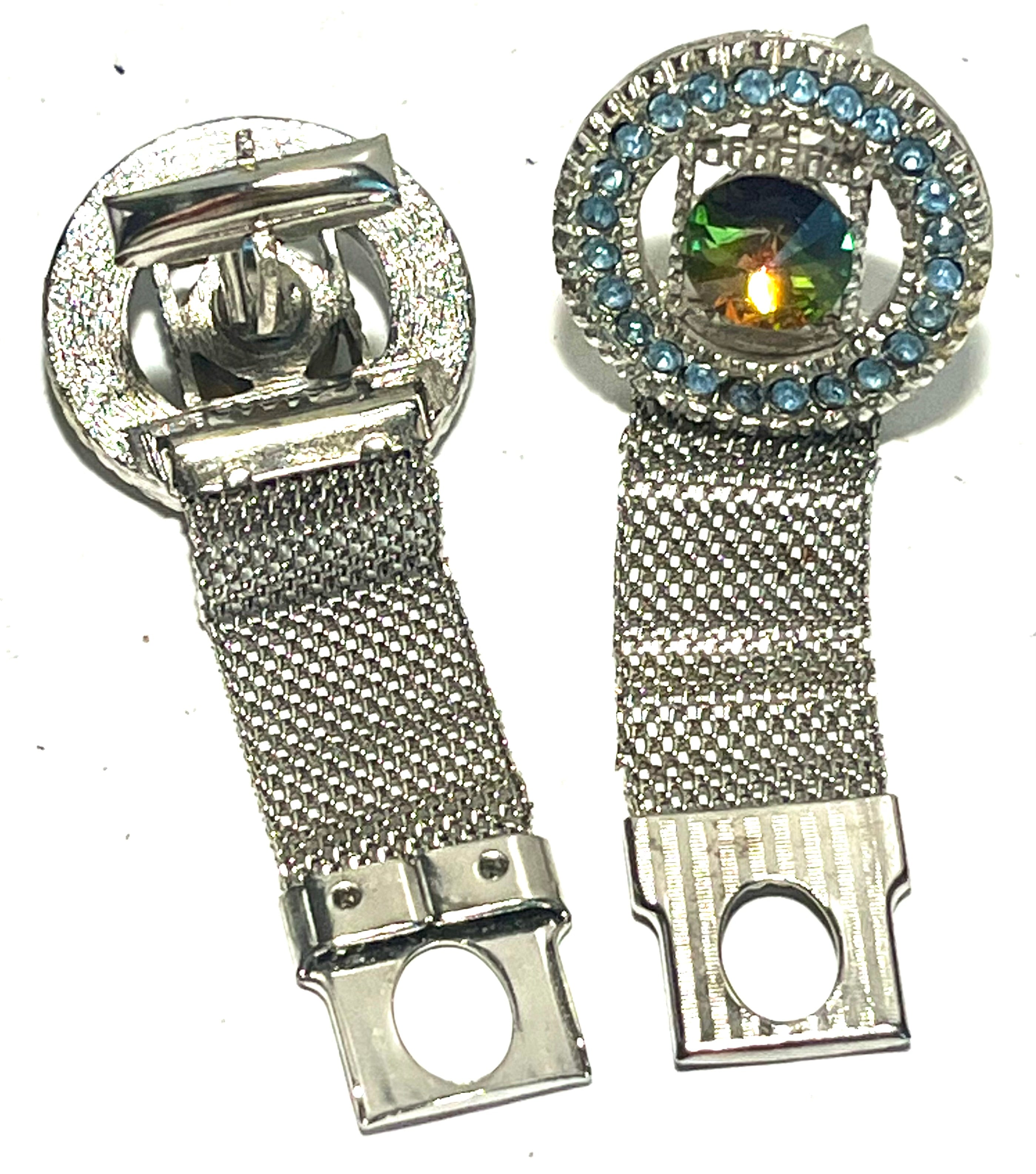 Vintage Mesh Wrap Cufflinks Rainbow Rivoli Rhinestone Blue Halo Silver Tone Men’s Jewelry
