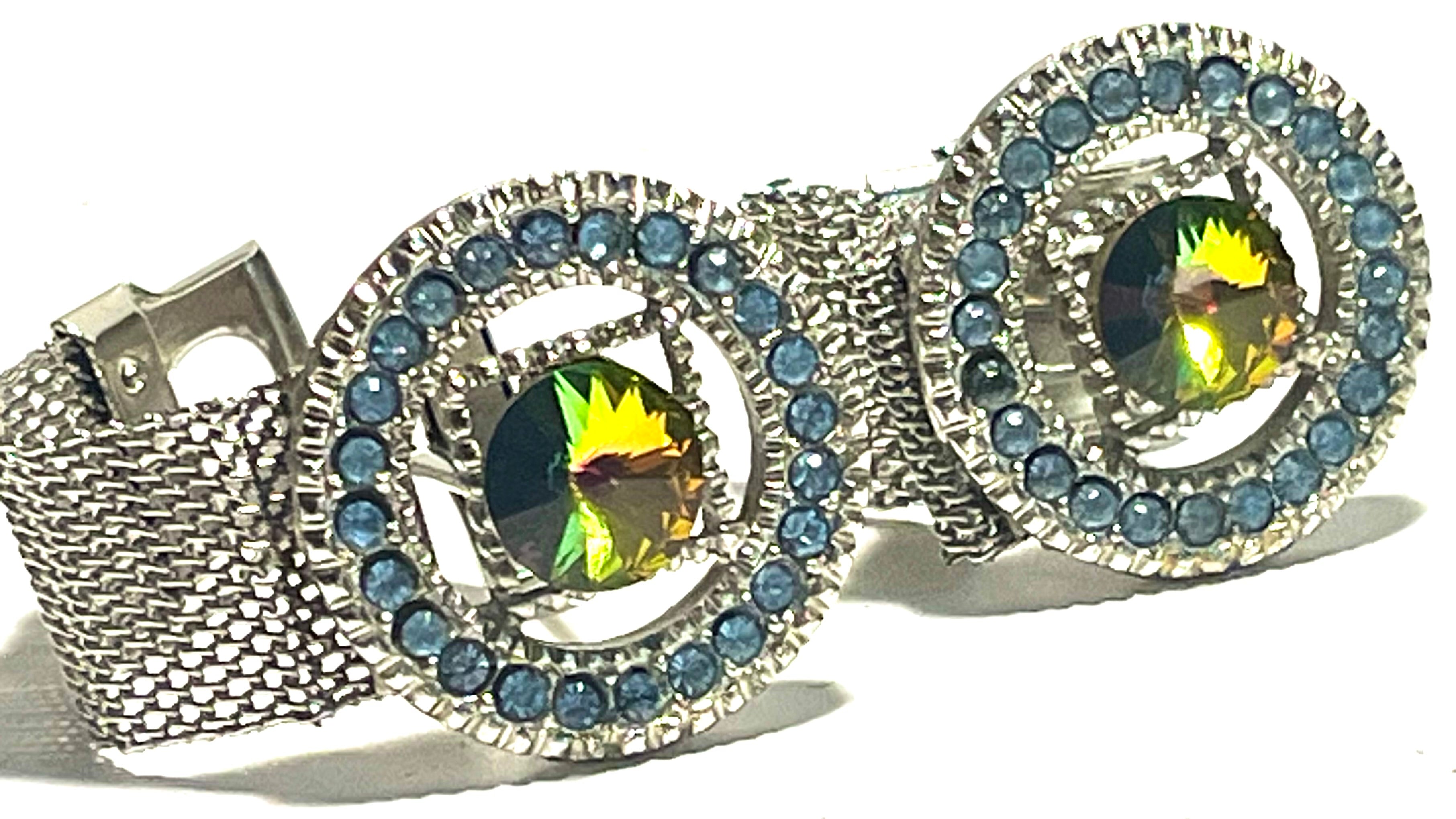 Vintage Mesh Wrap Cufflinks Rainbow Rivoli Rhinestone Blue Halo Silver Tone Men’s Jewelry