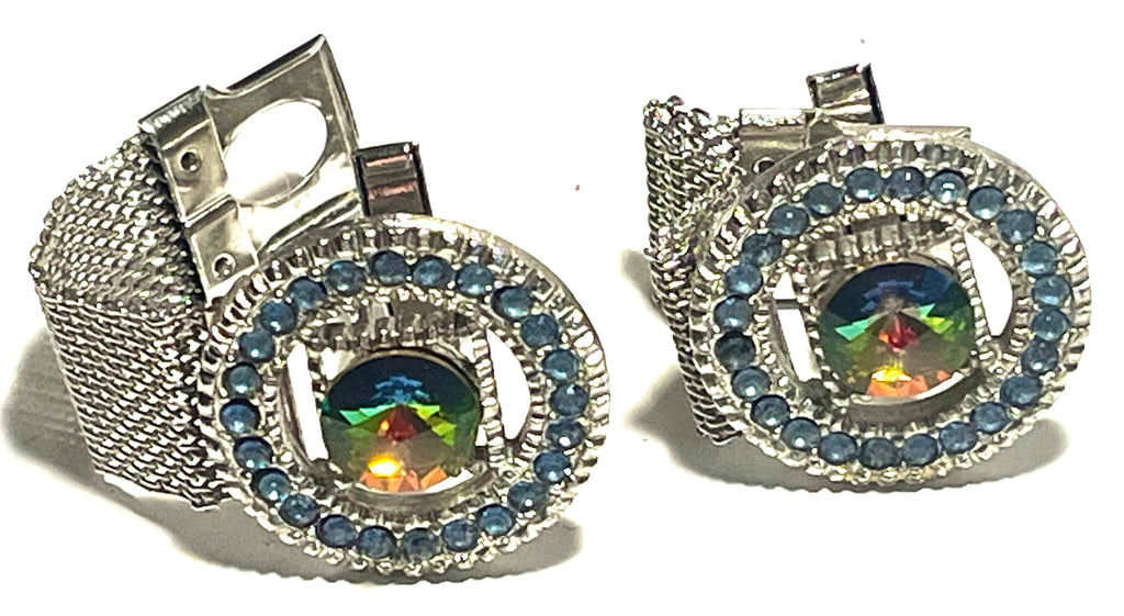 Vintage Mesh Wrap Cufflinks Rainbow Rivoli Rhinestone Blue Halo Silver Tone Men’s Jewelry