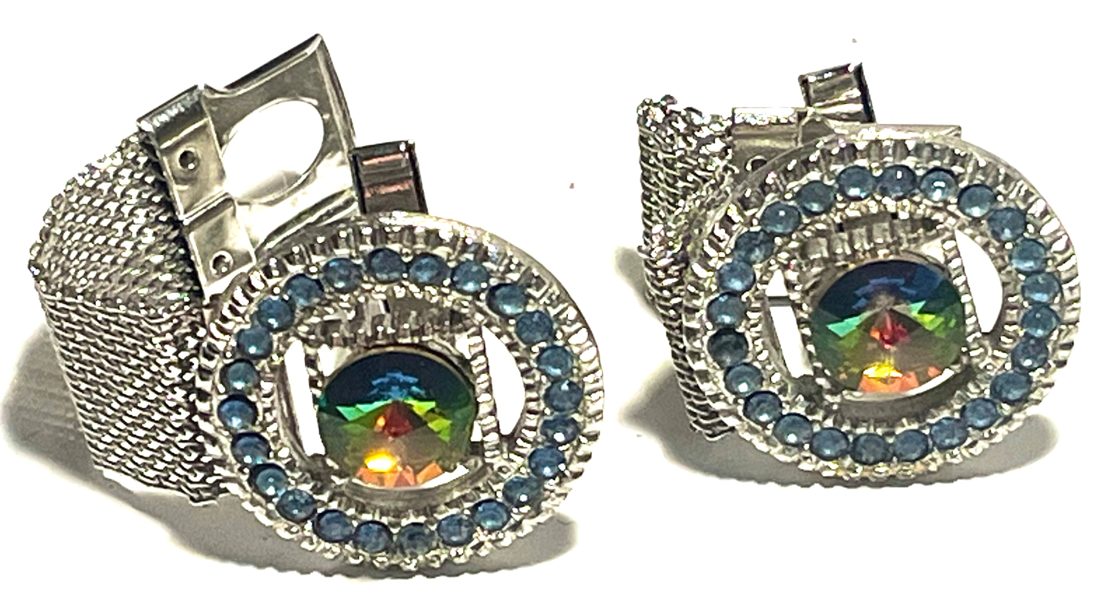 Vintage Mesh Wrap Cufflinks Rainbow Rivoli Rhinestone Blue Halo Silver Tone Men’s Jewelry