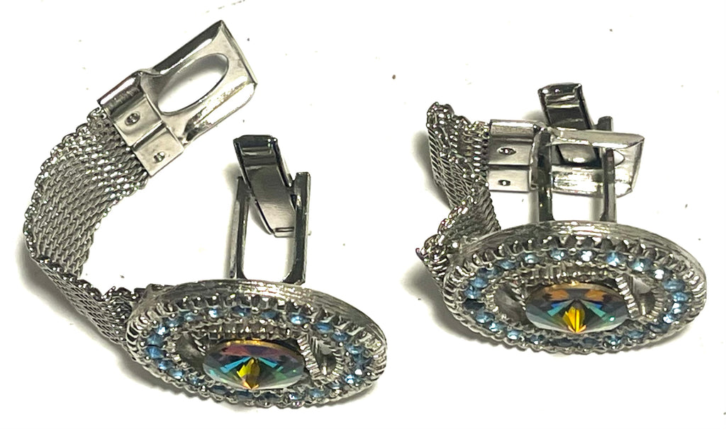 Vintage Mesh Wrap Cufflinks Rainbow Rivoli Rhinestone Blue Halo Silver Tone Men’s Jewelry