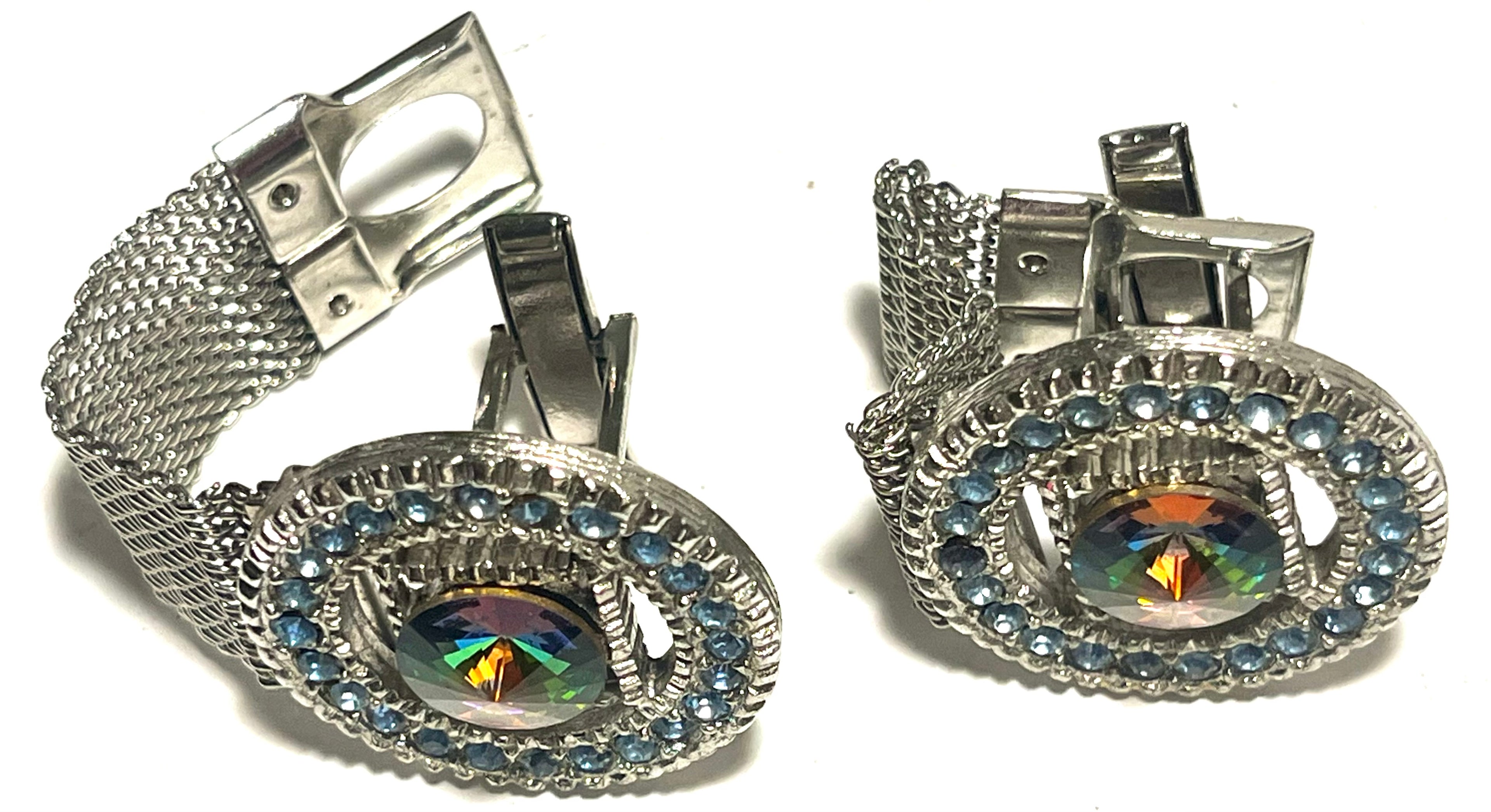 Vintage Mesh Wrap Cufflinks Rainbow Rivoli Rhinestone Blue Halo Silver Tone Men’s Jewelry