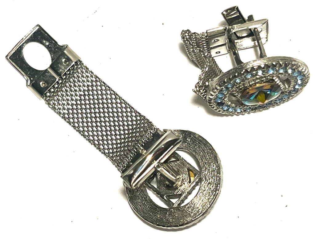 Vintage Mesh Wrap Cufflinks Rainbow Rivoli Rhinestone Blue Halo Silver Tone Men’s Jewelry