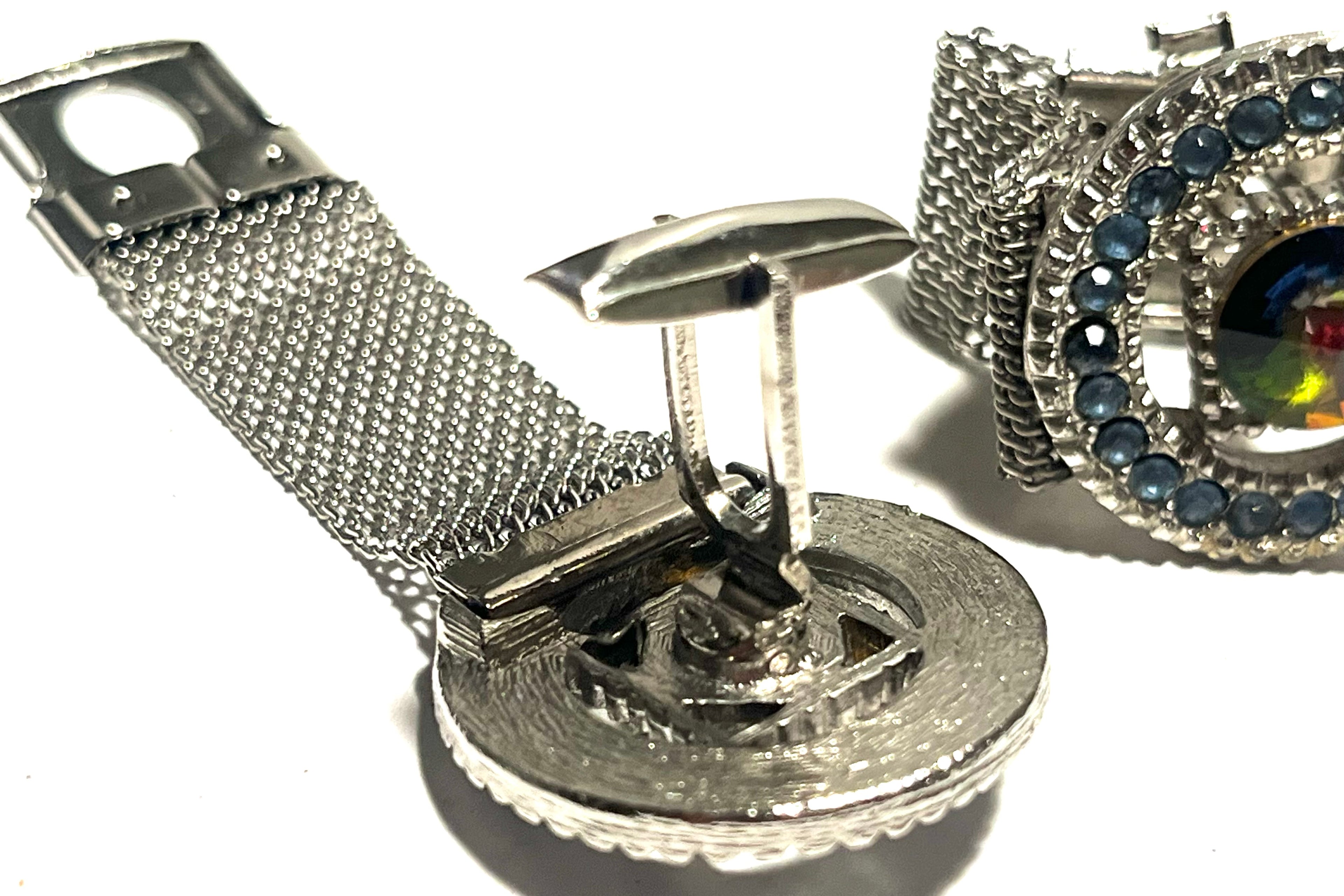 Vintage Mesh Wrap Cufflinks Rainbow Rivoli Rhinestone Blue Halo Silver Tone Men’s Jewelry