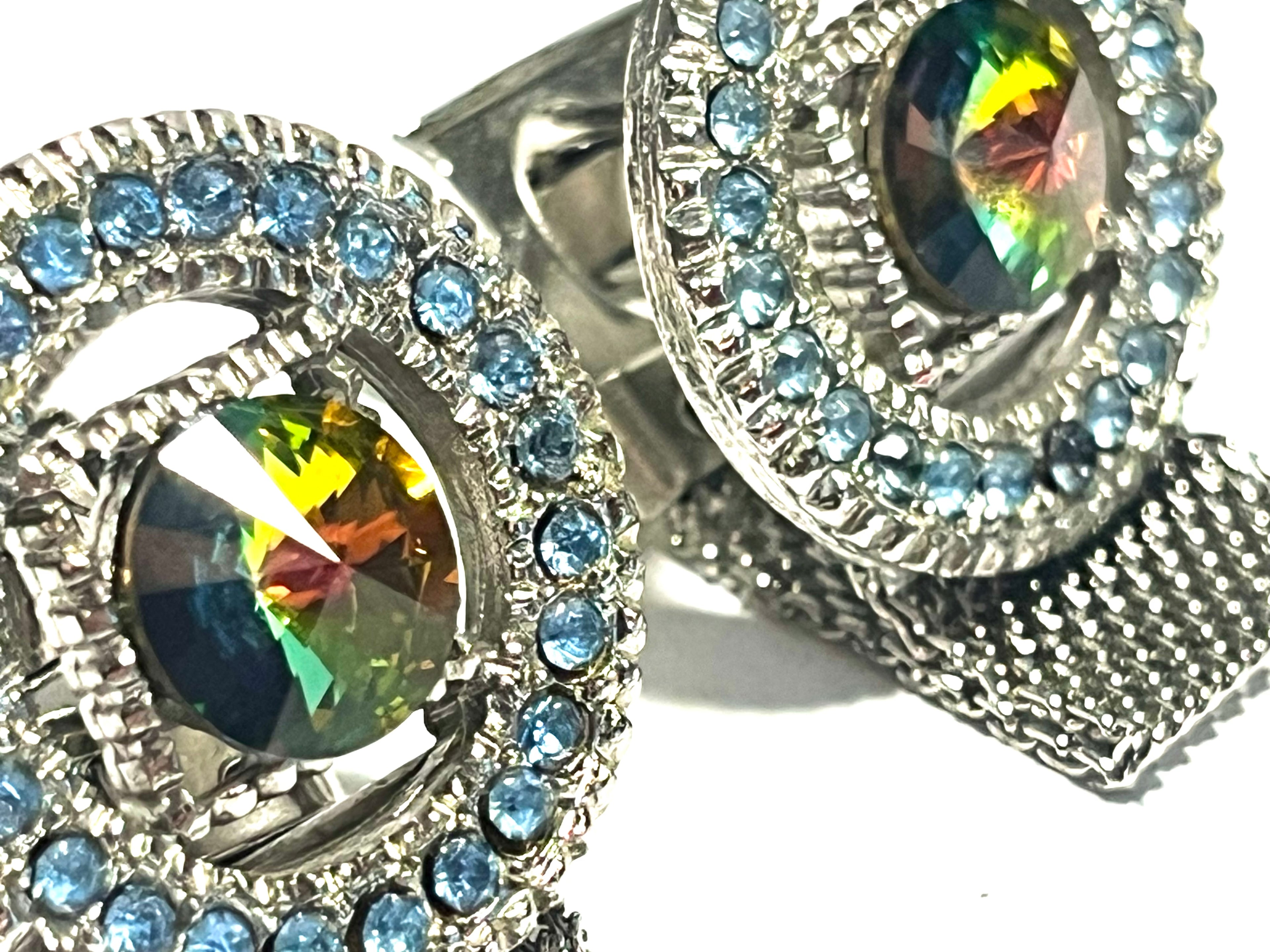 Vintage Mesh Wrap Cufflinks Rainbow Rivoli Rhinestone Blue Halo Silver Tone Men’s Jewelry