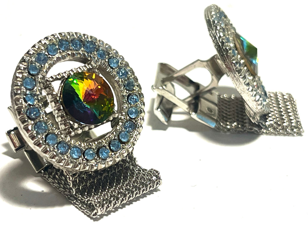 Vintage Mesh Wrap Cufflinks Rainbow Rivoli Rhinestone Blue Halo Silver Tone Men’s Jewelry