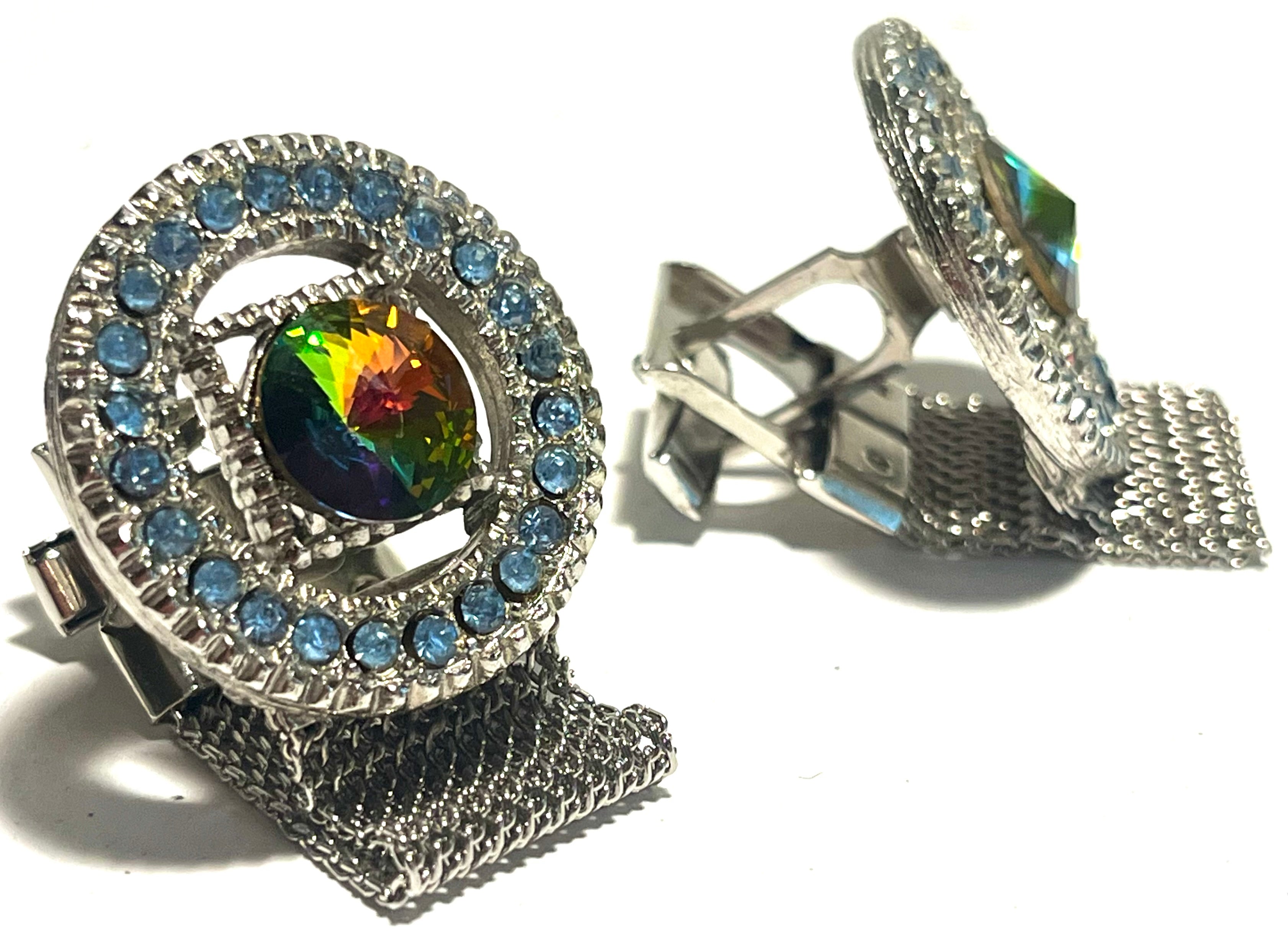 Vintage Mesh Wrap Cufflinks Rainbow Rivoli Rhinestone Blue Halo Silver Tone Men’s Jewelry
