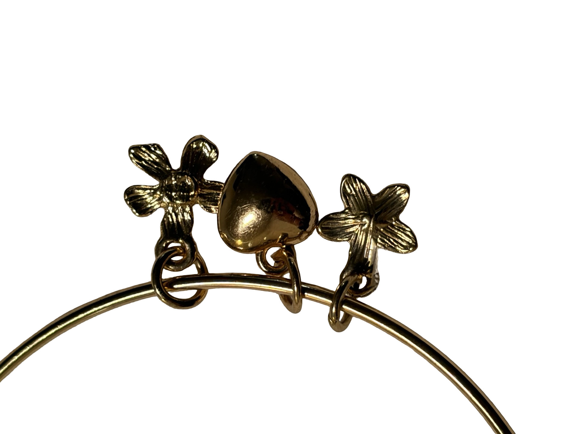 Gold Tone Charm Bangle Bracelet Pink Heart Crystal &amp; Floral Charms Dainty Fashion Jewelry