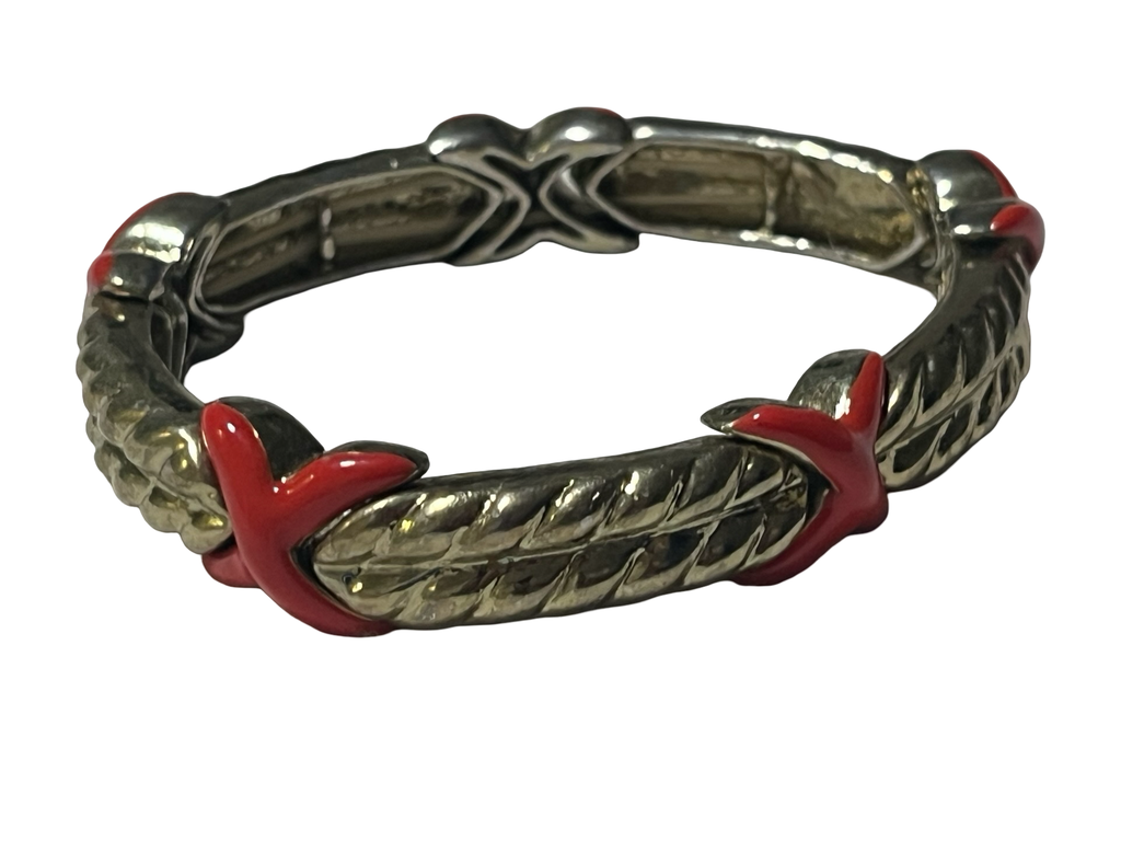 Vintage Silver-Tone &amp; Red Enamel leaf link bracelet