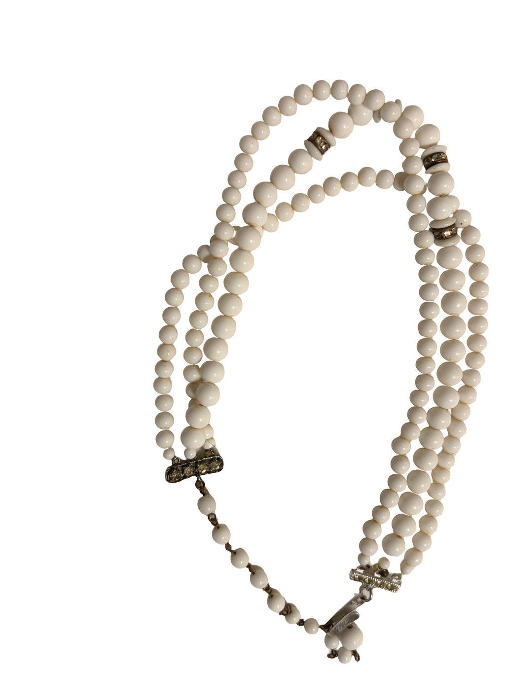 Vintage Japan Multi-Strand White Beaded Necklace with Rhinestone Spacers
