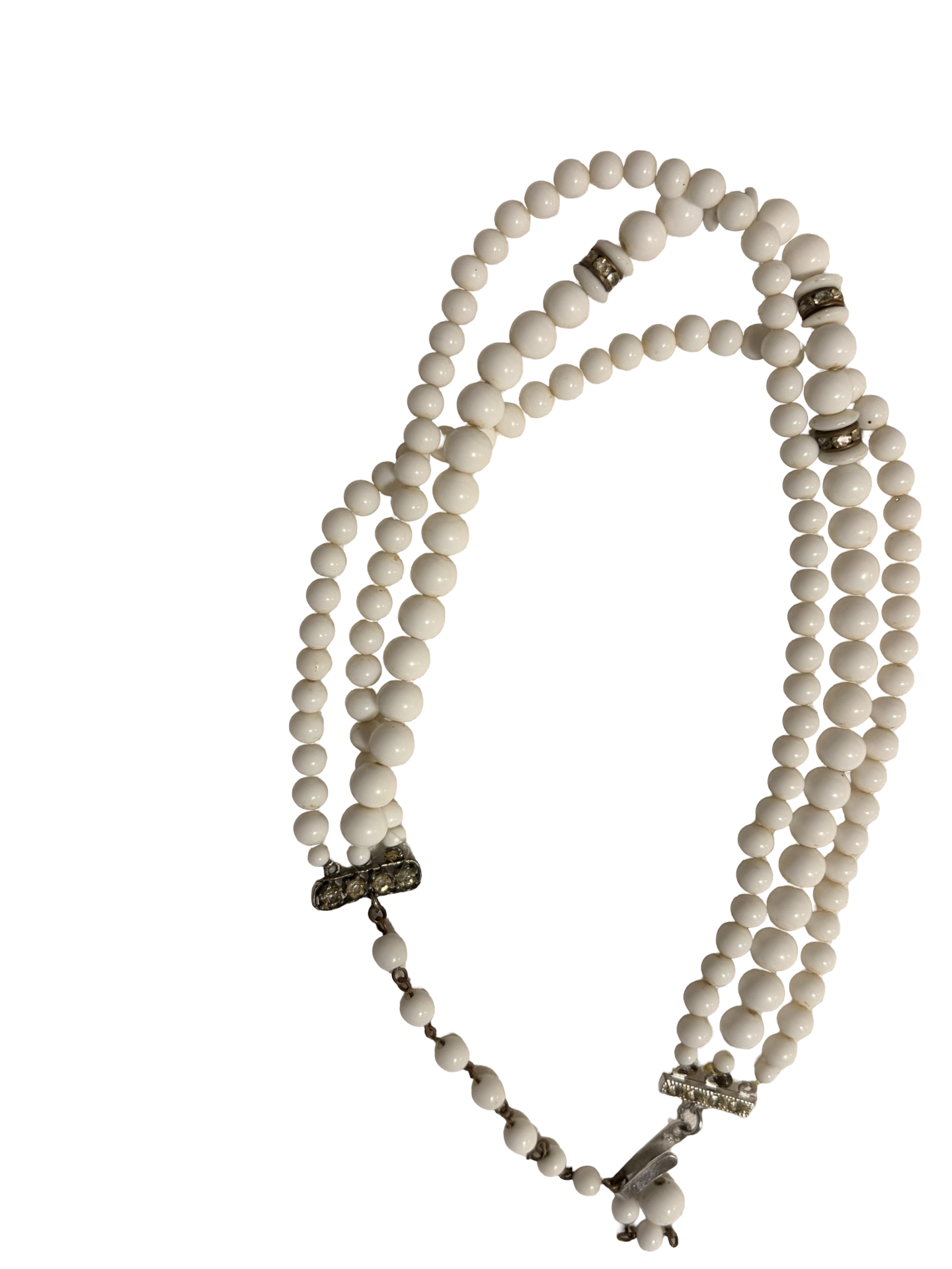 Vintage Japan Multi-Strand White Beaded Necklace with Rhinestone Spacers