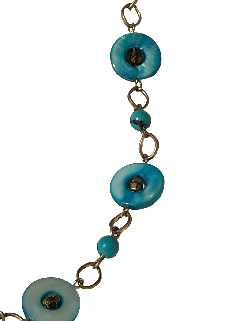 Vintage Turquoise Blue Mother of Pearl &amp; Faux Turquoise Beaded Necklace | Silver Tone Chain | Boho Coastal Statement Jewelry
