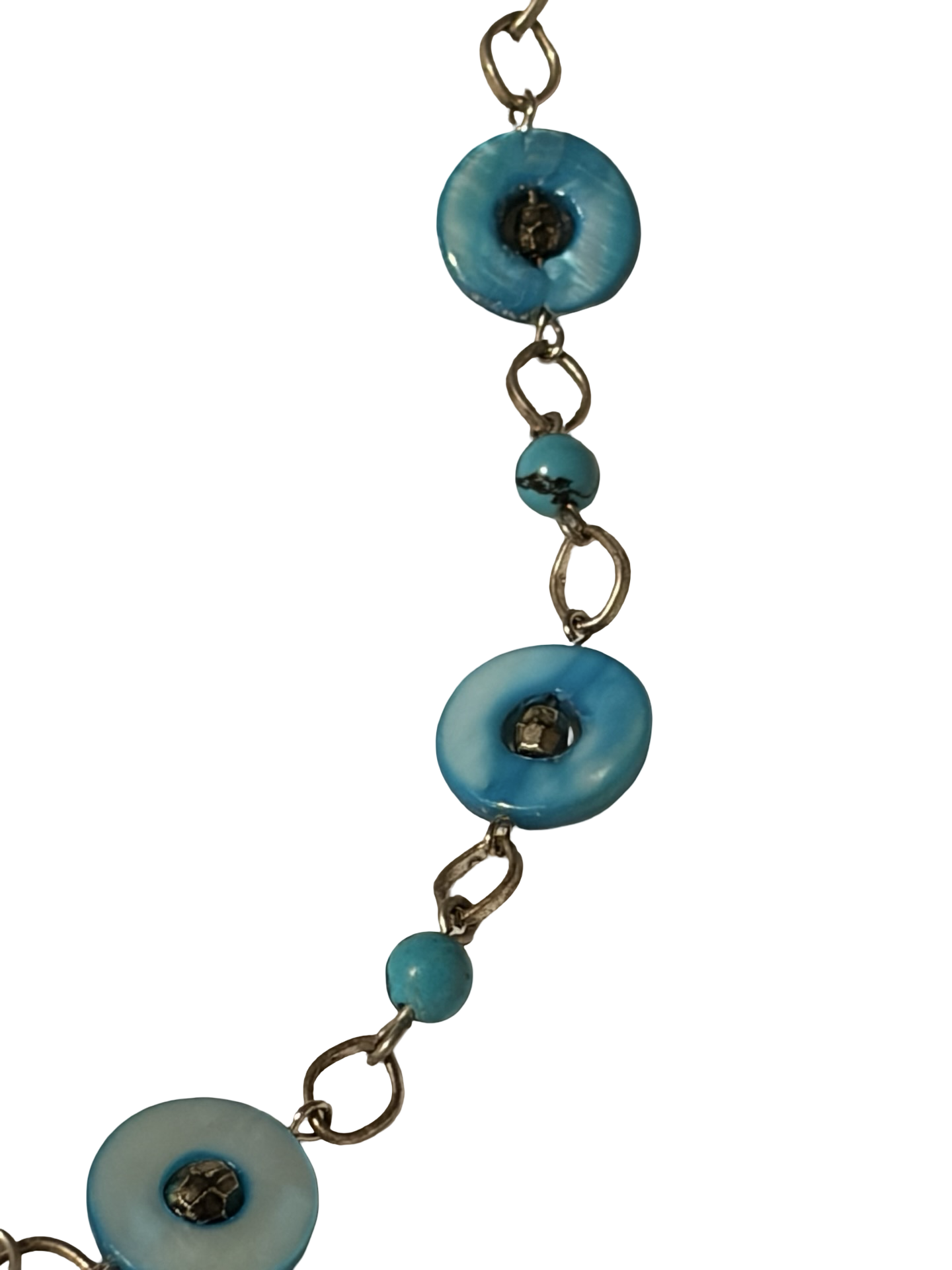 Vintage Turquoise Blue Mother of Pearl &amp; Faux Turquoise Beaded Necklace | Silver Tone Chain | Boho Coastal Statement Jewelry