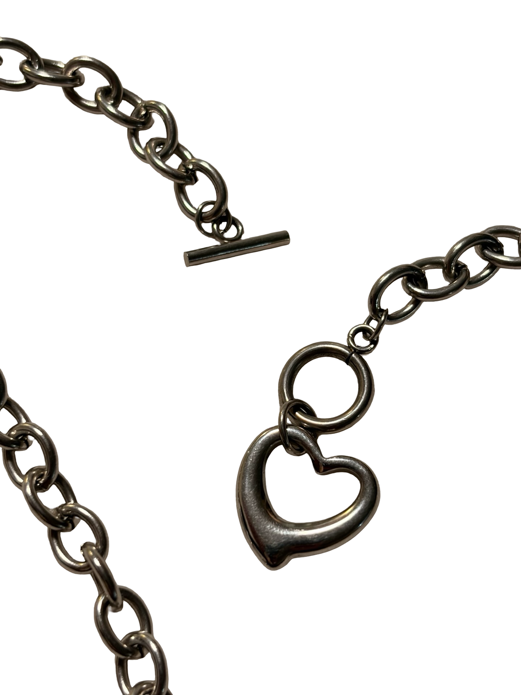 Stainless Steel Heart Charm Chain Necklace Toggle Clasp Silver Tone Minimalist