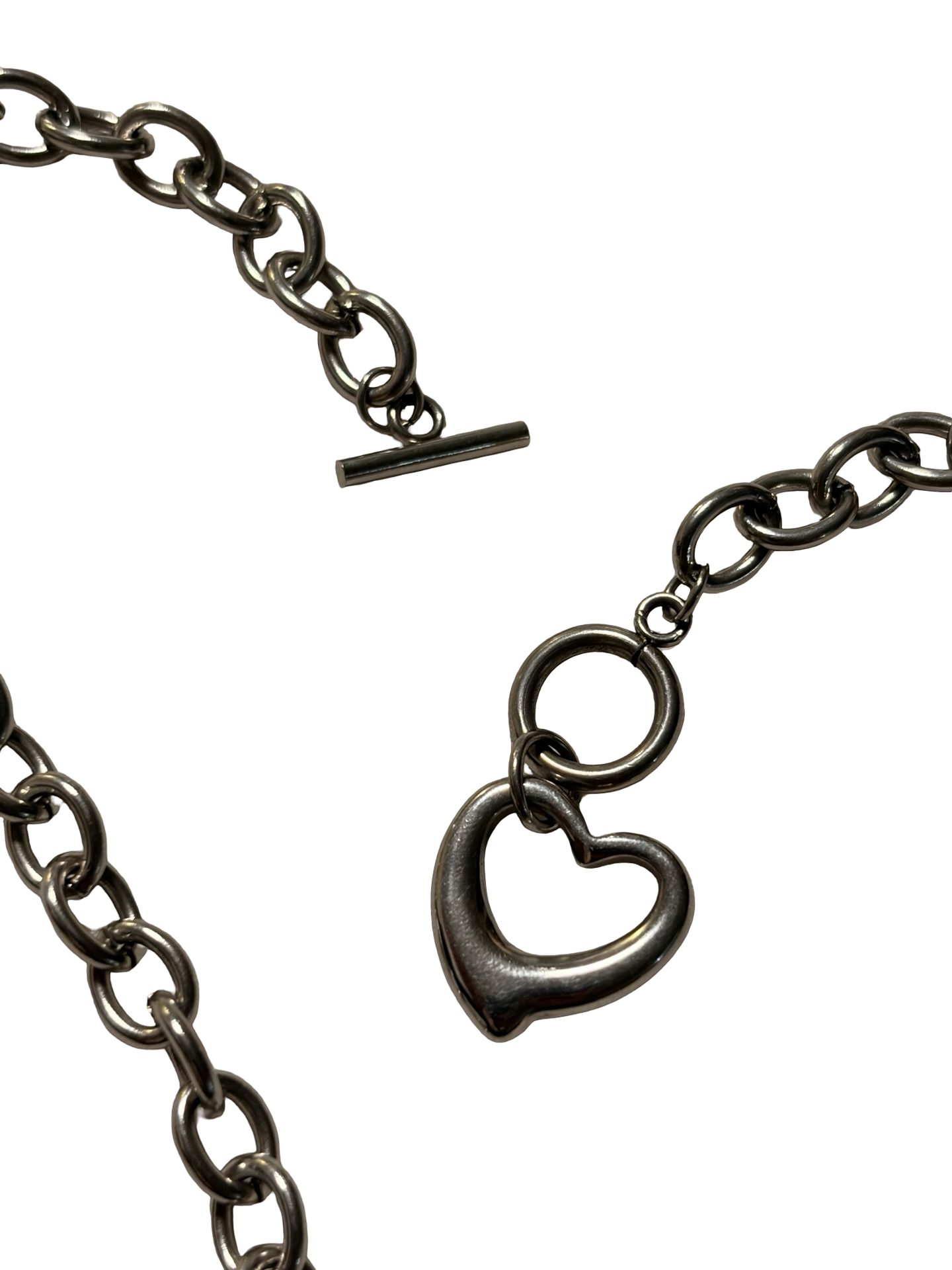 Stainless Steel Heart Charm Chain Necklace Toggle Clasp Silver Tone Minimalist