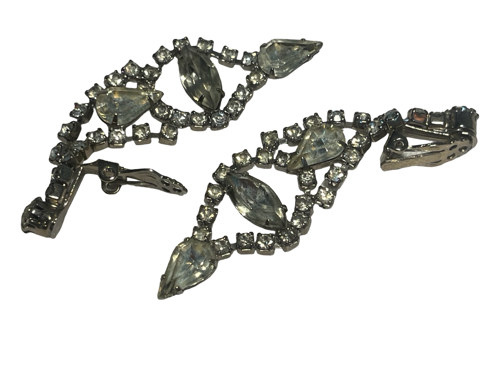 Vintage Rhinestone Dangle Clip-On Earrings Clear Marquise Glass Stones Silver Tone Mid Century