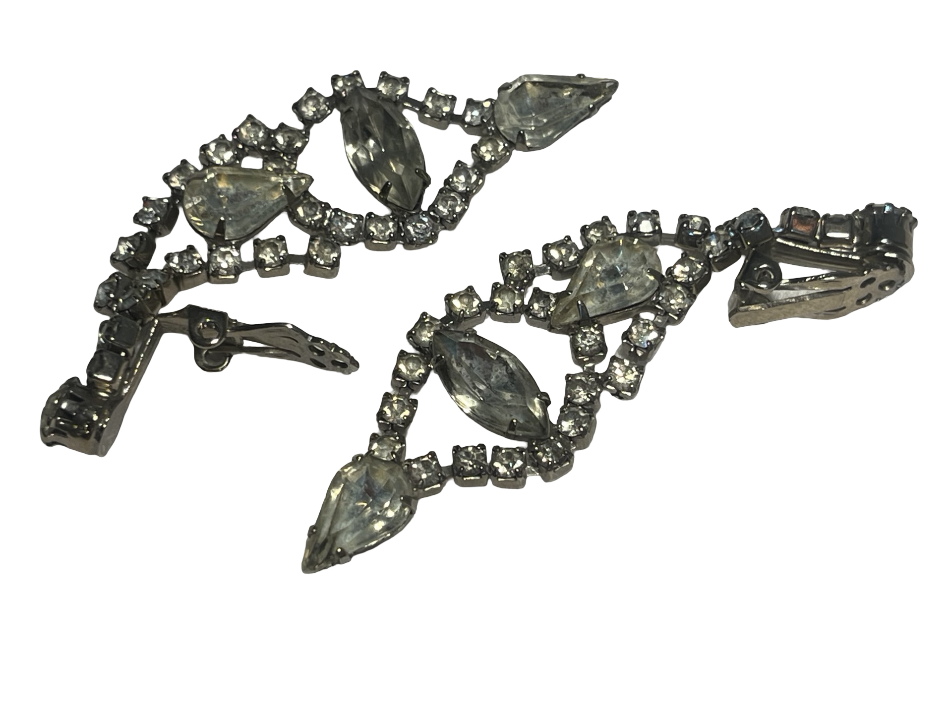 Vintage Rhinestone Dangle Clip-On Earrings Clear Marquise Glass Stones Silver Tone Mid Century