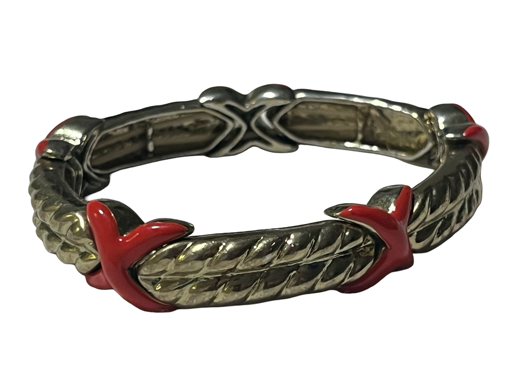 Vintage Silver-Tone &amp; Red Enamel leaf link bracelet