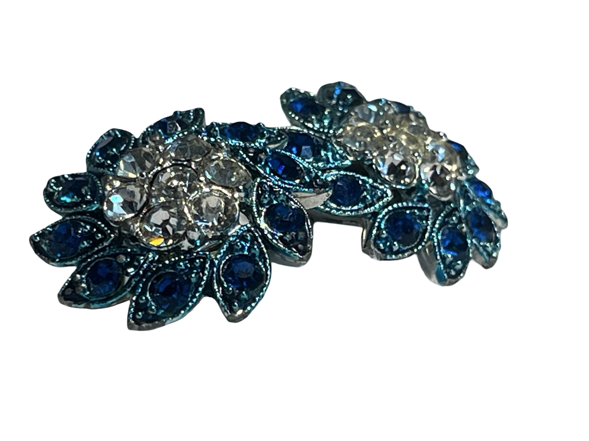 Vintage Blue Rhinestone Floral Clip-On Earrings | Silver Tone Flower Cluster | Retro Costume Jewelry