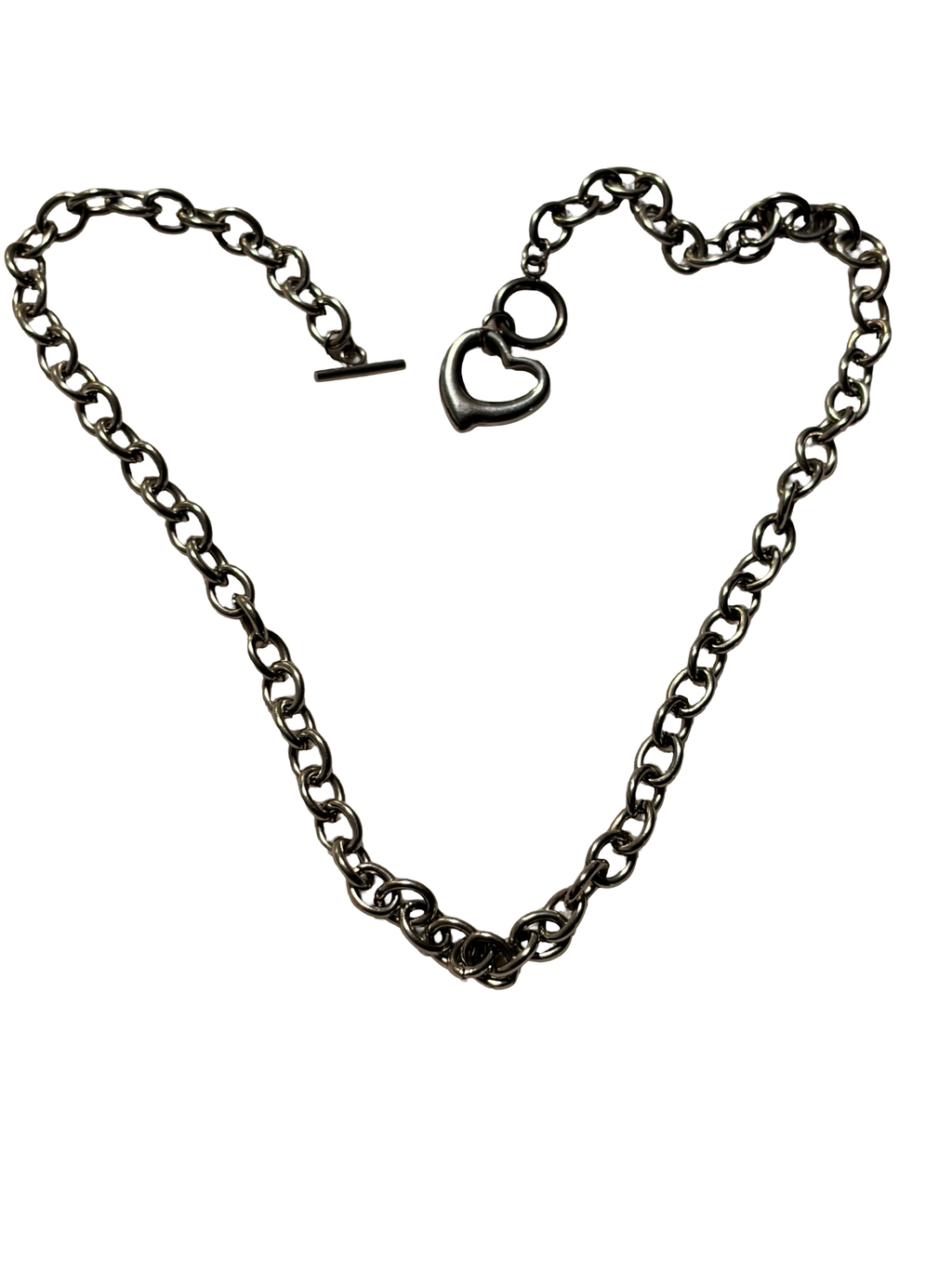 Stainless Steel Heart Charm Chain Necklace Toggle Clasp Silver Tone Minimalist