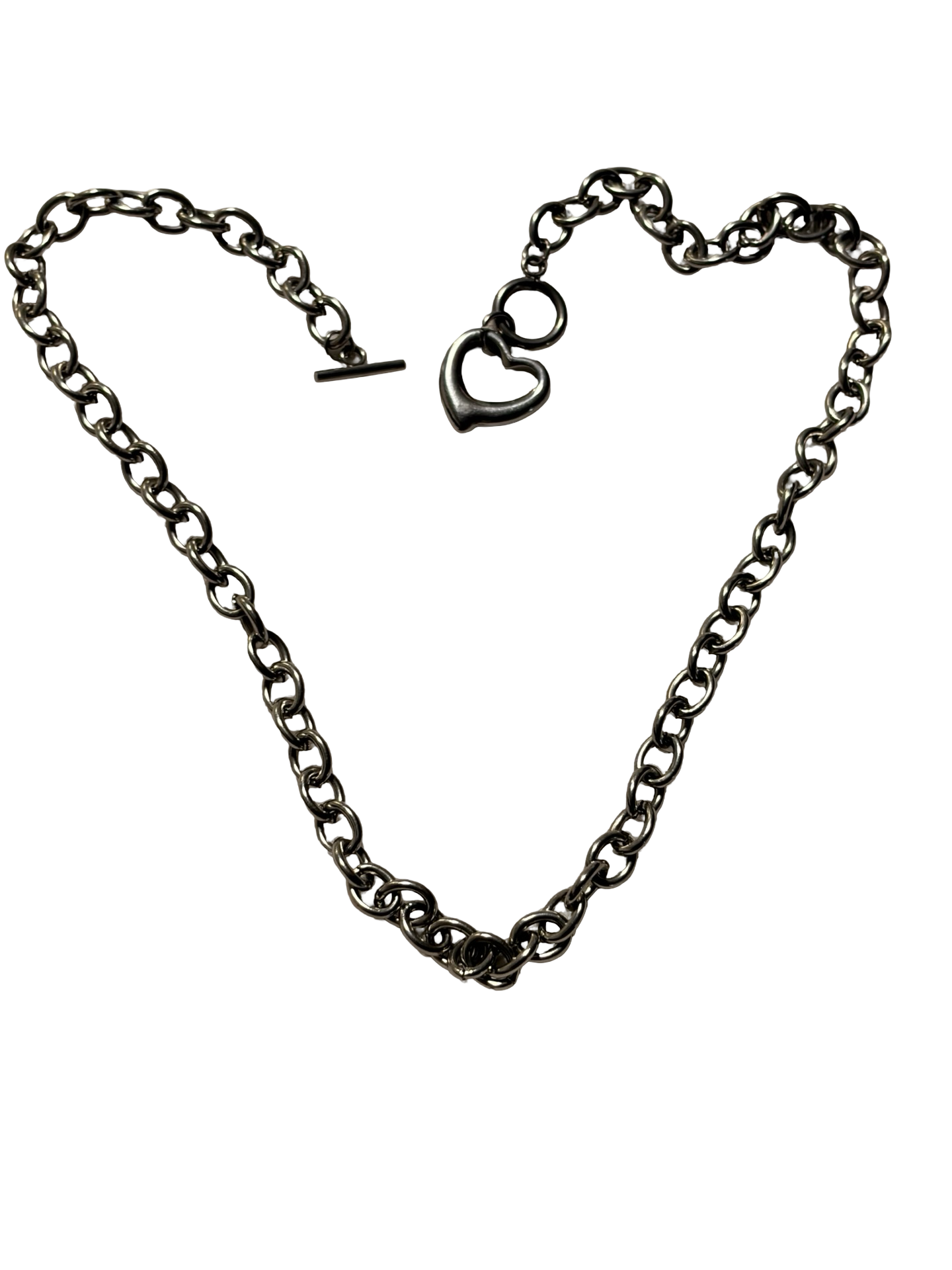 Stainless Steel Heart Charm Chain Necklace Toggle Clasp Silver Tone Minimalist