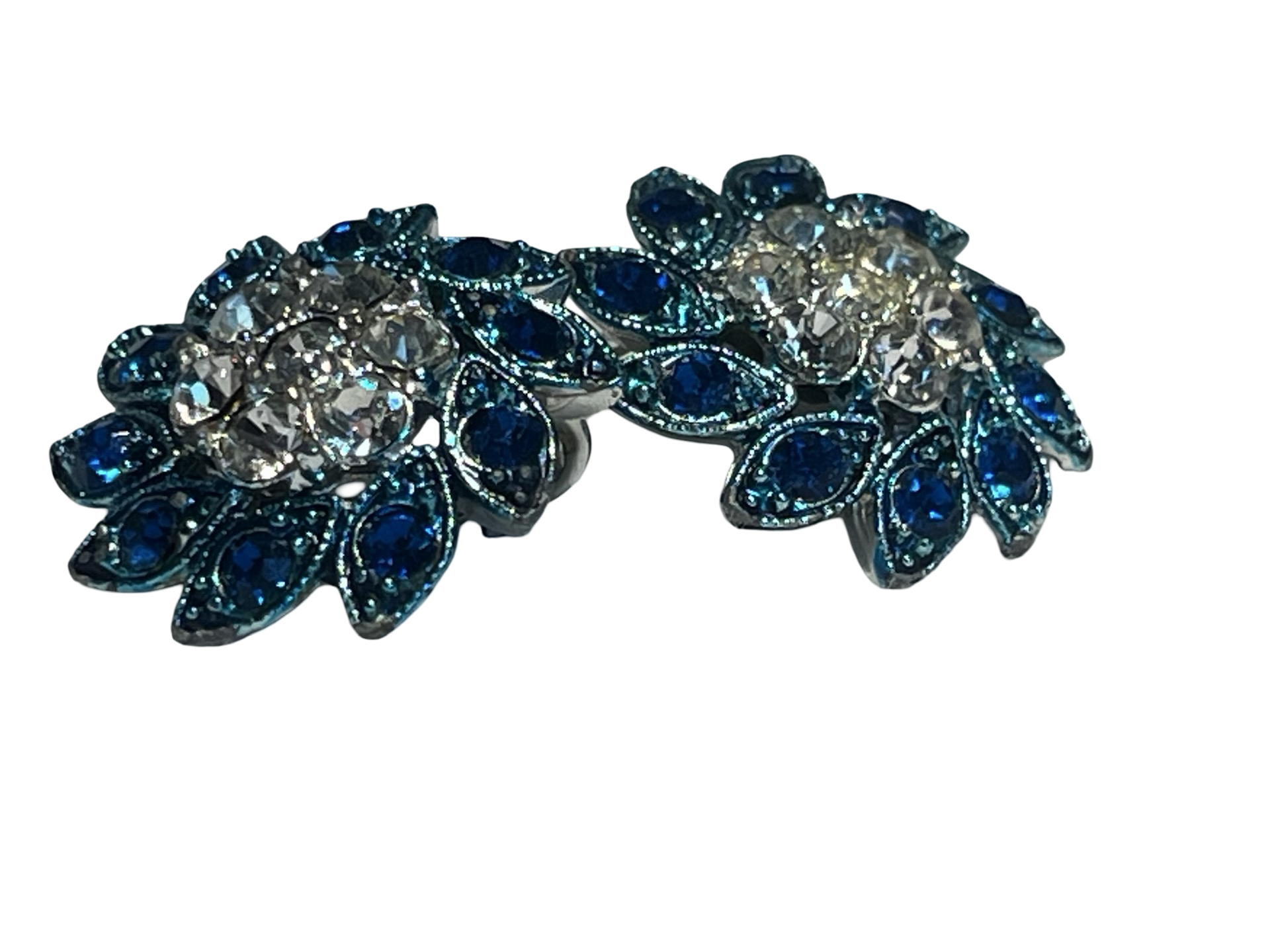 Vintage Blue Rhinestone Floral Clip-On Earrings | Silver Tone Flower Cluster | Retro Costume Jewelry