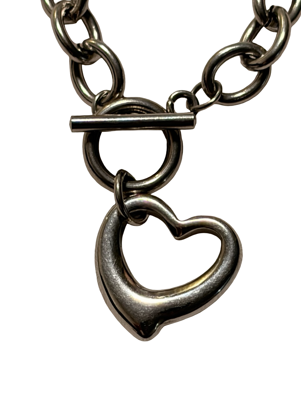 Stainless Steel Heart Charm Chain Necklace Toggle Clasp Silver Tone Minimalist