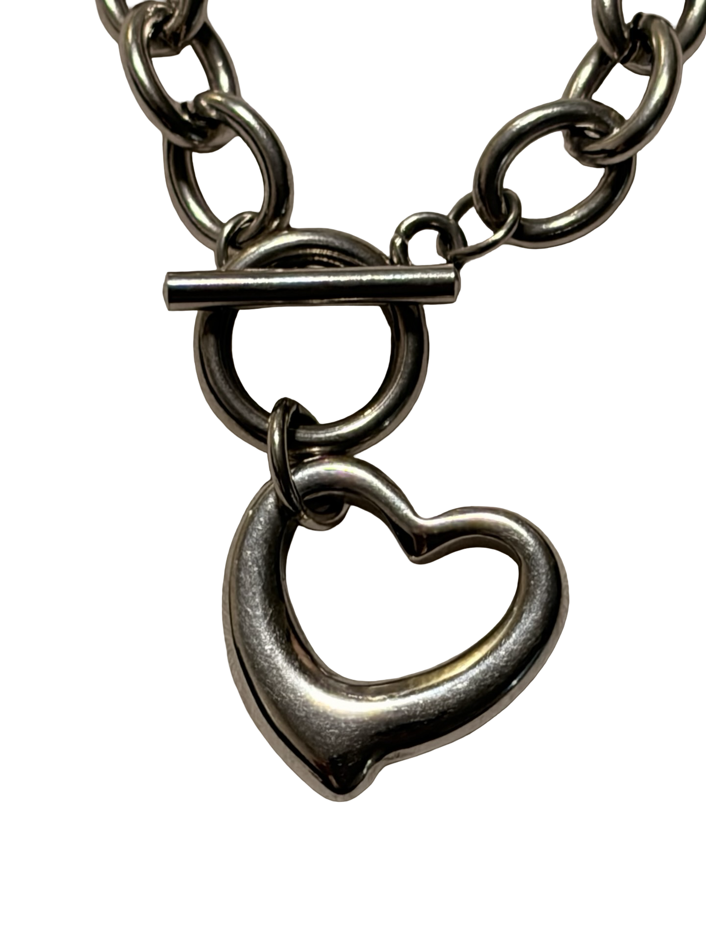 Stainless Steel Heart Charm Chain Necklace Toggle Clasp Silver Tone Minimalist