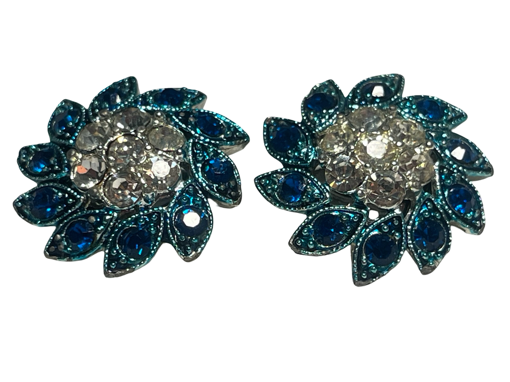 Vintage Blue Rhinestone Floral Clip-On Earrings | Silver Tone Flower Cluster | Retro Costume Jewelry